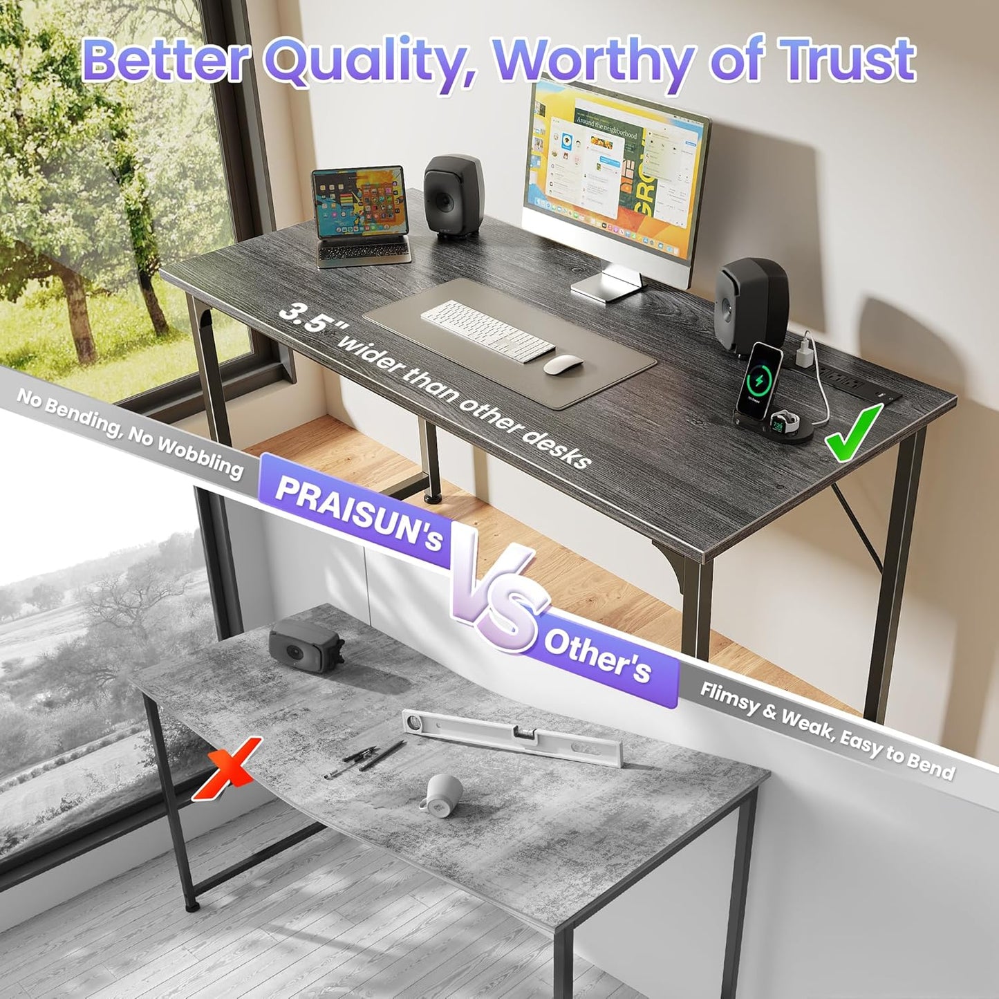 PRAISUN 47 X 20 Inch Office Computer Desk with Power Outlets and USB-C Port, Larger Gaming Desk, for Home Office, Study, Bedroom, Writing Work from Home Table, Metal Frame, Grey