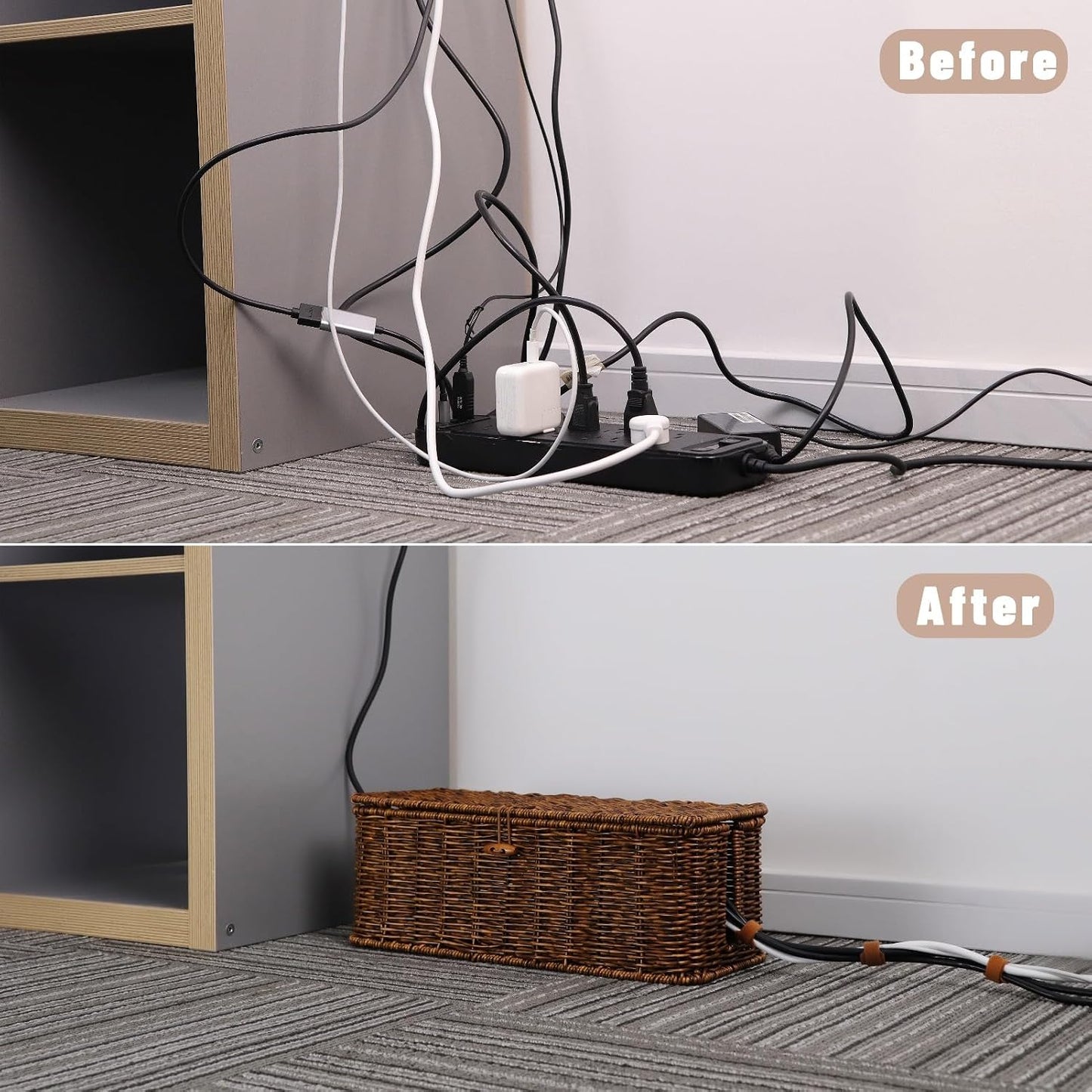 Cable Management Box, Cord Organizer with Lid & Cable Ties - Brown, L | Handmade Open Slots Cord Hider Outlet Covers for Power Strip TV PC Router Charger Under Desk Storage