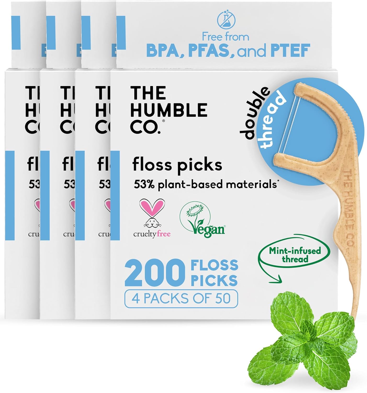 The Humble Co Dental Floss Picks for Teeth, 200 Count (Mint) - Double Thread Tooth Picks Flossers for Adults Gum Health - Toothpick Floss for Interdental Oral Care & Hygiene