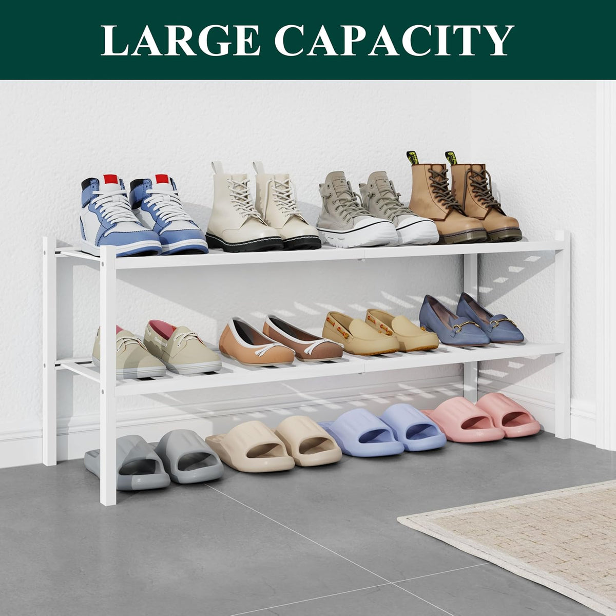 Smiry Bamboo Shoe Rack for Closet, 2 Tier - 33.86" Wide, White
