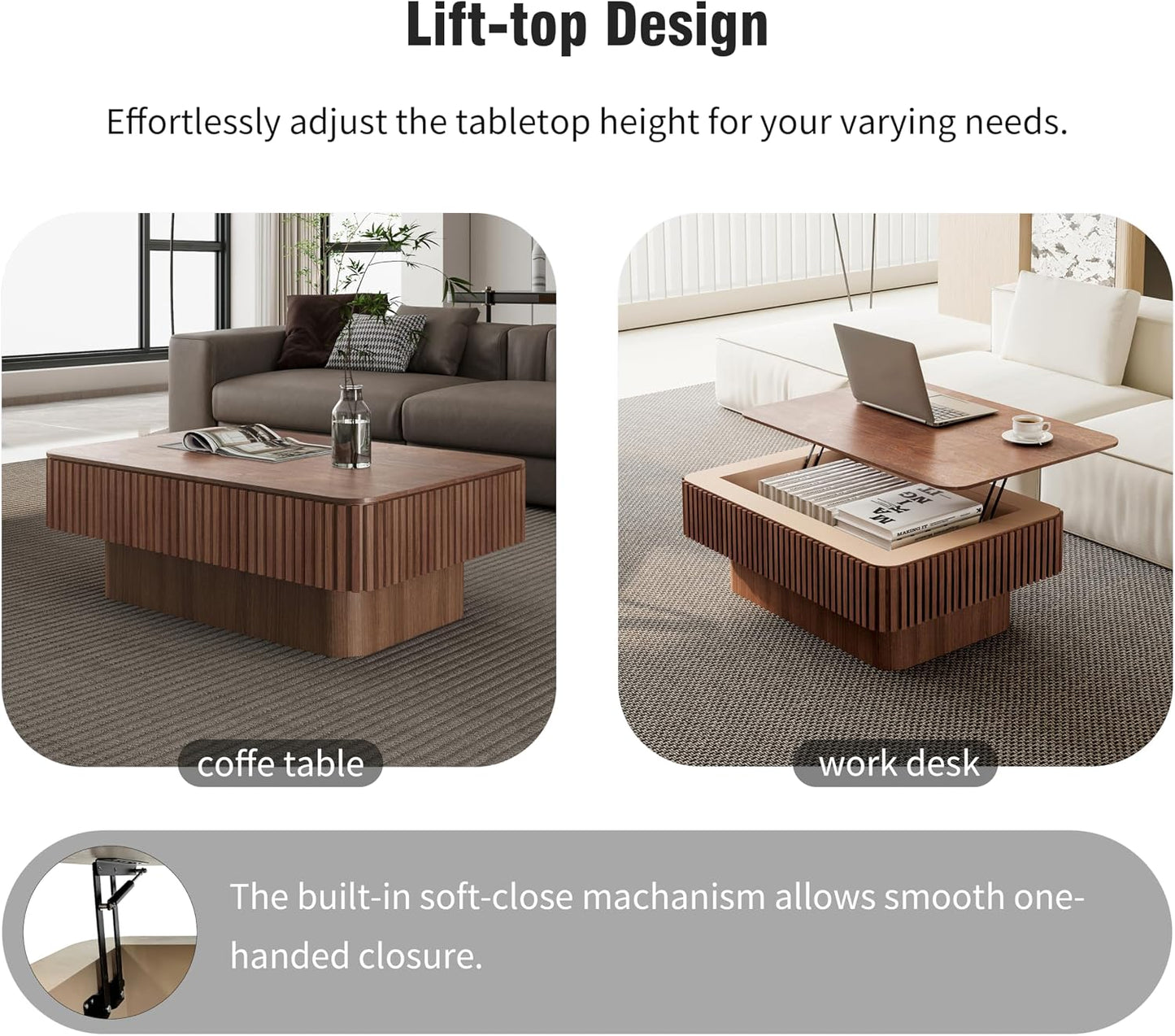 38.6'' Lift Top Coffee Table with Hidden Compartment, Modern Rectangular Fluted Wooden Center Table Cocktail Tea Table with Storage and Adjustable Height for Living Room Apartment, Walnut