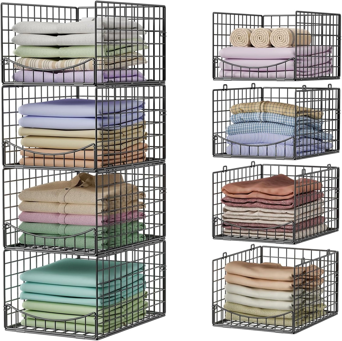 Hongtamoya 4-Tier Closet Organizers and Storage Basket with Divider, Foldable Closet Shelf Organizer System, Space-Saving Clothes Storage Drawer Organizer Bins for Wardrobe Cupboard, Black