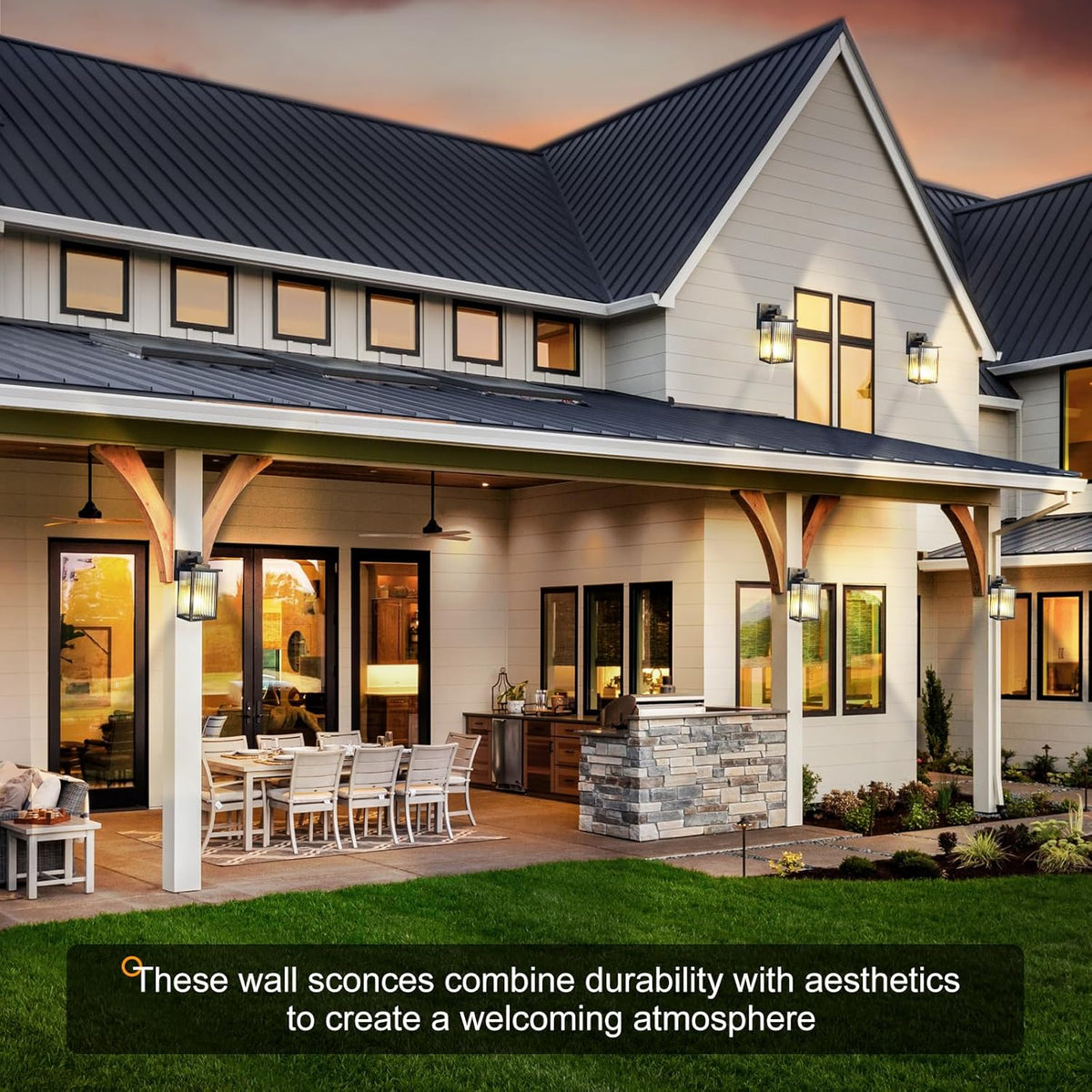Outdoor Wall Light with Dusk to Dawn Sensor, Waterproof Exterior Light for House Porch and Garage, Black Brush Gold Metal Wall Sconce with Textured Glass