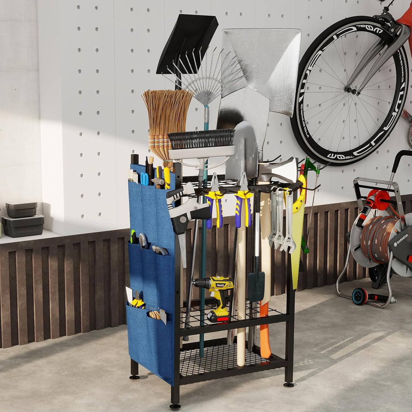 Garden Tool Organizer, Garden Yard Tool Rack for Garage, Garage Organization and Storage, Metal Yard Tools Storage up to 46 Tools/Rake/Broom/shovel/, Suitable for Garage, Yard, Patio, Shed