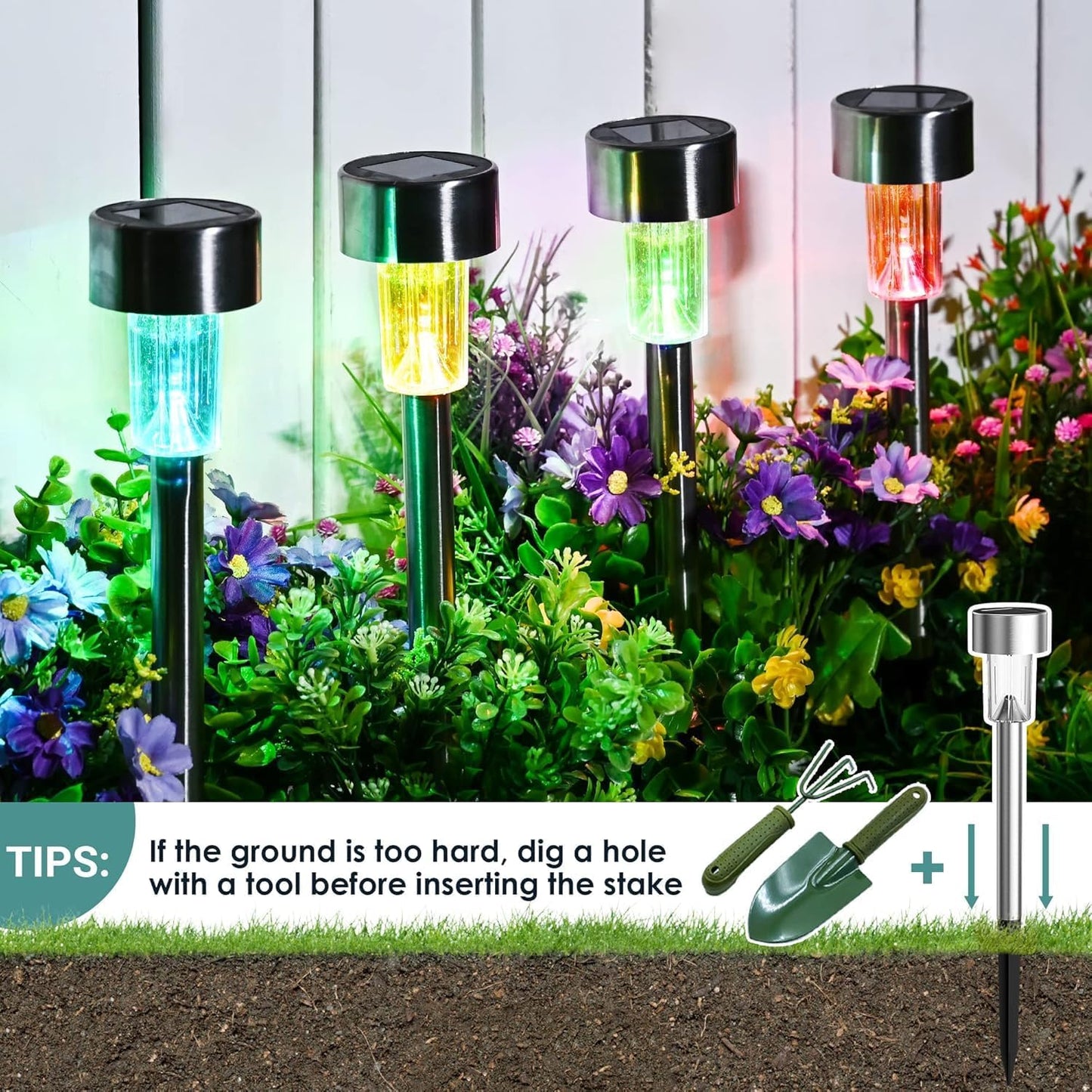 GIGALUMI Solar Garden Lights Outdoor, 12 Pack 6-Color, IP65 Waterproof Decorative Pathway Lights, Stainless Steel LED Landscape Lighting for Yard, Lawn, Walkway