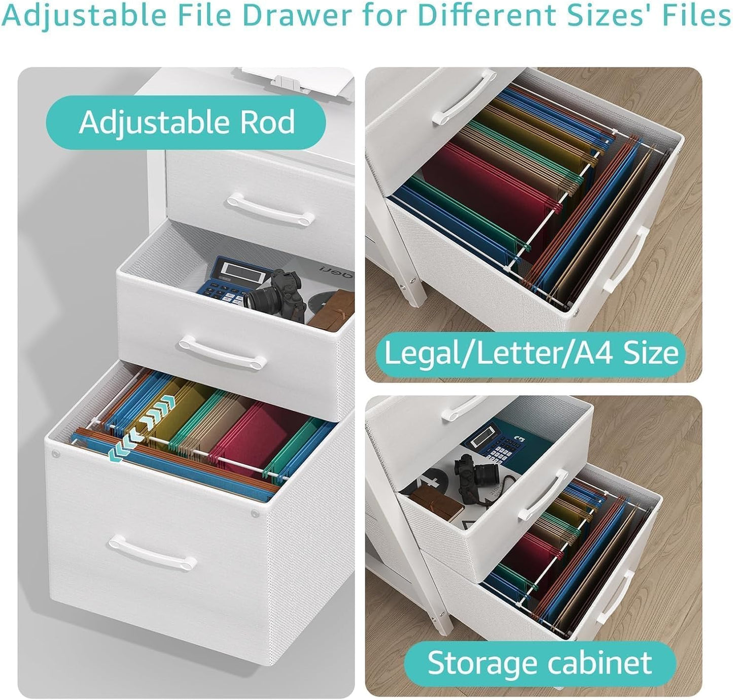Lufeiya White Computer Desk with Fabric File Drawers Cabinet, 55 Inch Reversible Desks with Storage Filing Cabinet for Home Office, Modern Writing Table PC Desks for Bedroom, White