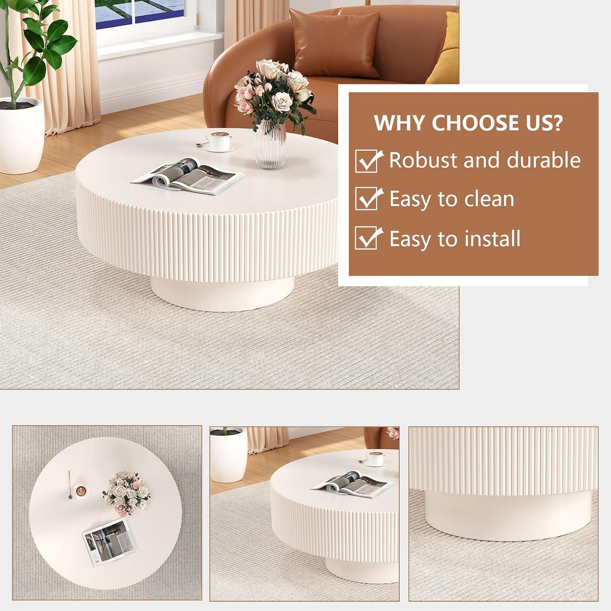 31'' Cream White Round Drum Coffee Table