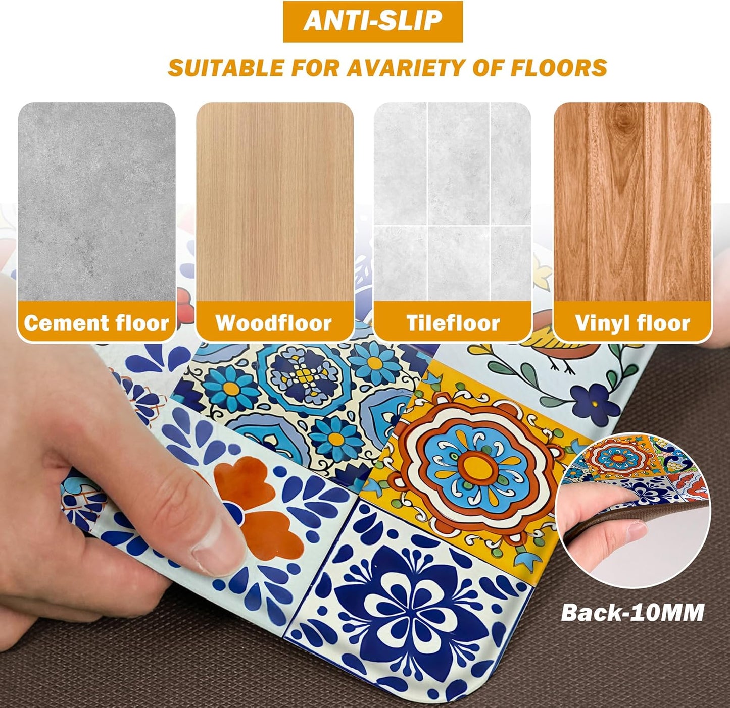weesire Boho Kitchen Rugs Set 2 Pieces Memory Foam Colorful Ceramic Comfort Tile Floor Mat Anti Fatigue Non-Skid PVC Runner Rug Water & Oil Proof Carpet for Kitchen Laundry Sink,17.3x28+17.3x47 Inch