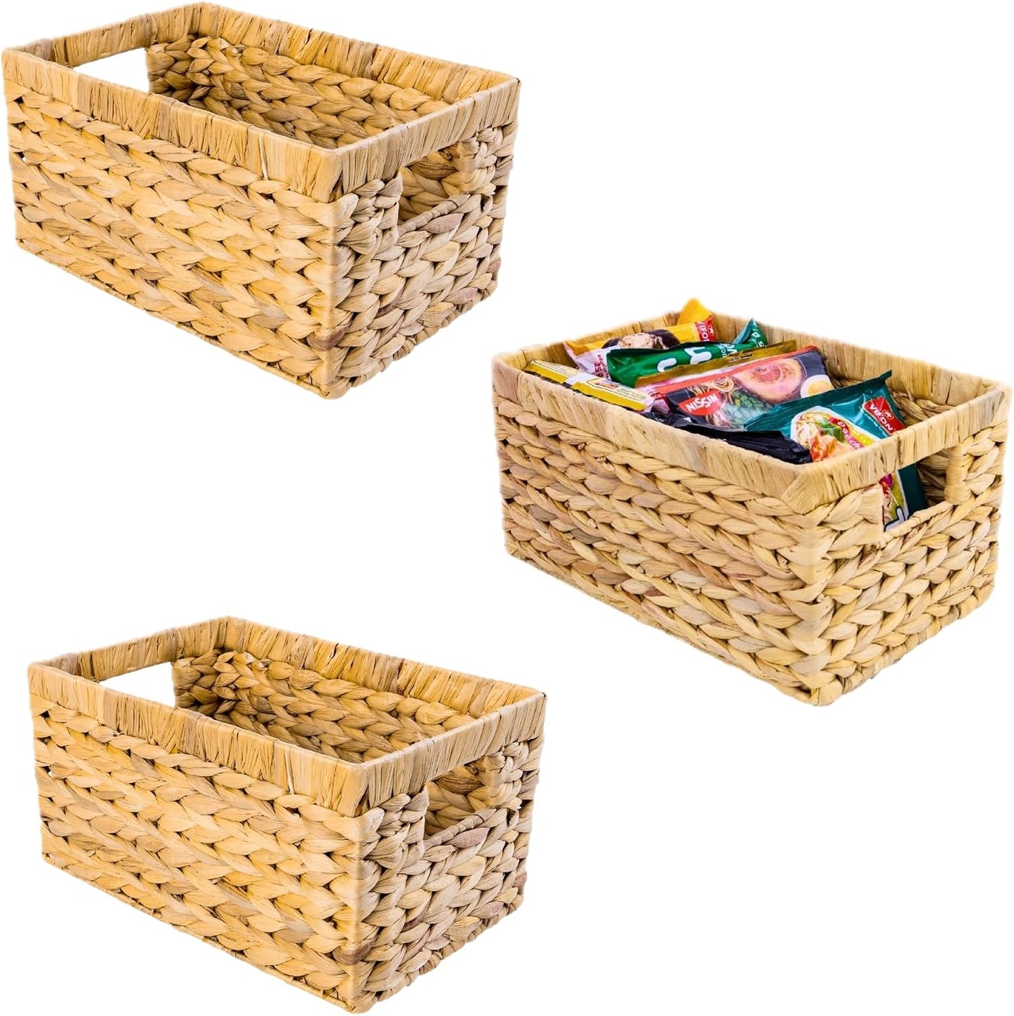 M4DECOR Set of 3 Rectangular Wicker Storage Baskets for Shelves | Water Hyacinth Storage Baskets, Pantry Baskets for Organizing, Handwoven Wicker Baskets for Storage
