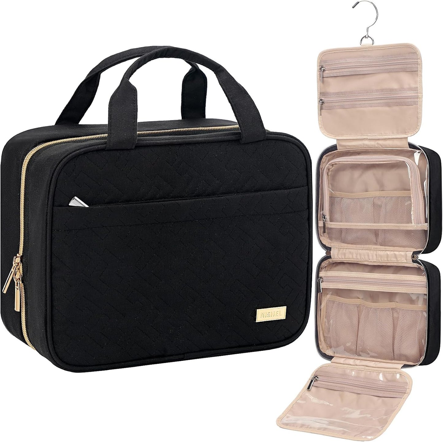 NISHEL Travel Toiletry Bag for women, Portable Hanging Organizer for Travel-Sized Shampoo, Conditioner, Brushes Set, makeup Accessories, Medium Size, Black