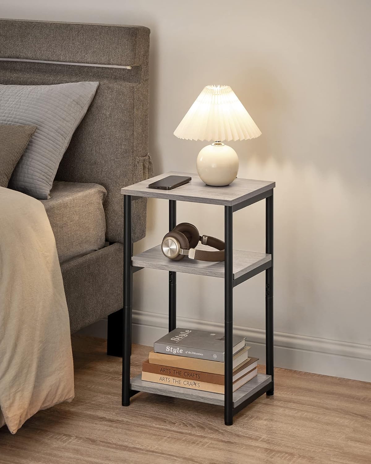 VASAGLE BARNET Collection - Side Table, Small End Table for Living Room, Modern Tall Nightstand, Bedroom, Office, Bathroom, Steel Frame, Heather Greige and Ink Black ULET273B02