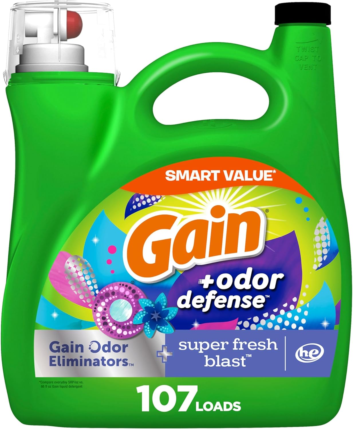 Gain + Odor Defense Liquid Laundry Detergent, Super Fresh Blast Scent, 107 Loads, HE Compatible Washing Soap (Packaging May Vary)
