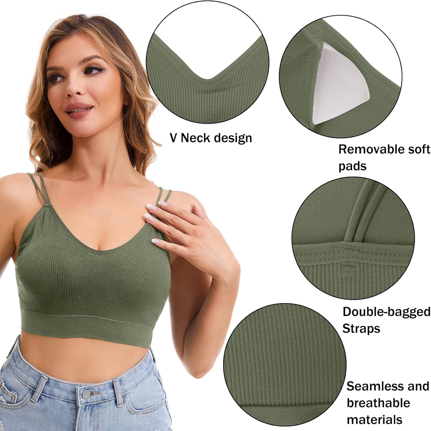 BQTQ 6 Pcs V Neck Bralettes for Women Padded Bralette with Straps Seamless Bra
