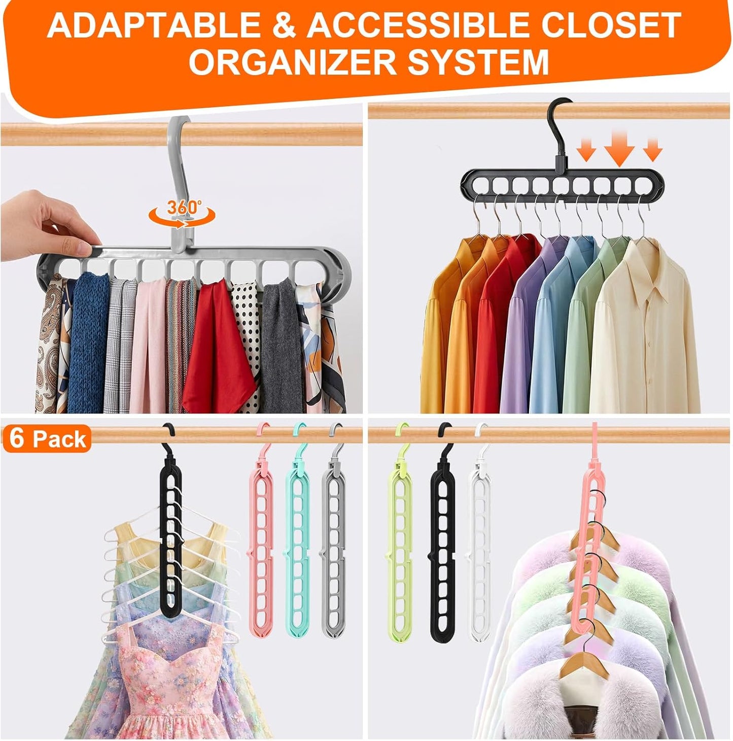 Closet Organizers and Storage,College Dorm Room Essentials,Pack of 6 Multifunctional Organizer Magic Space Saving Hangers with 9 Holes Storage Organization for Wardrobe Closet