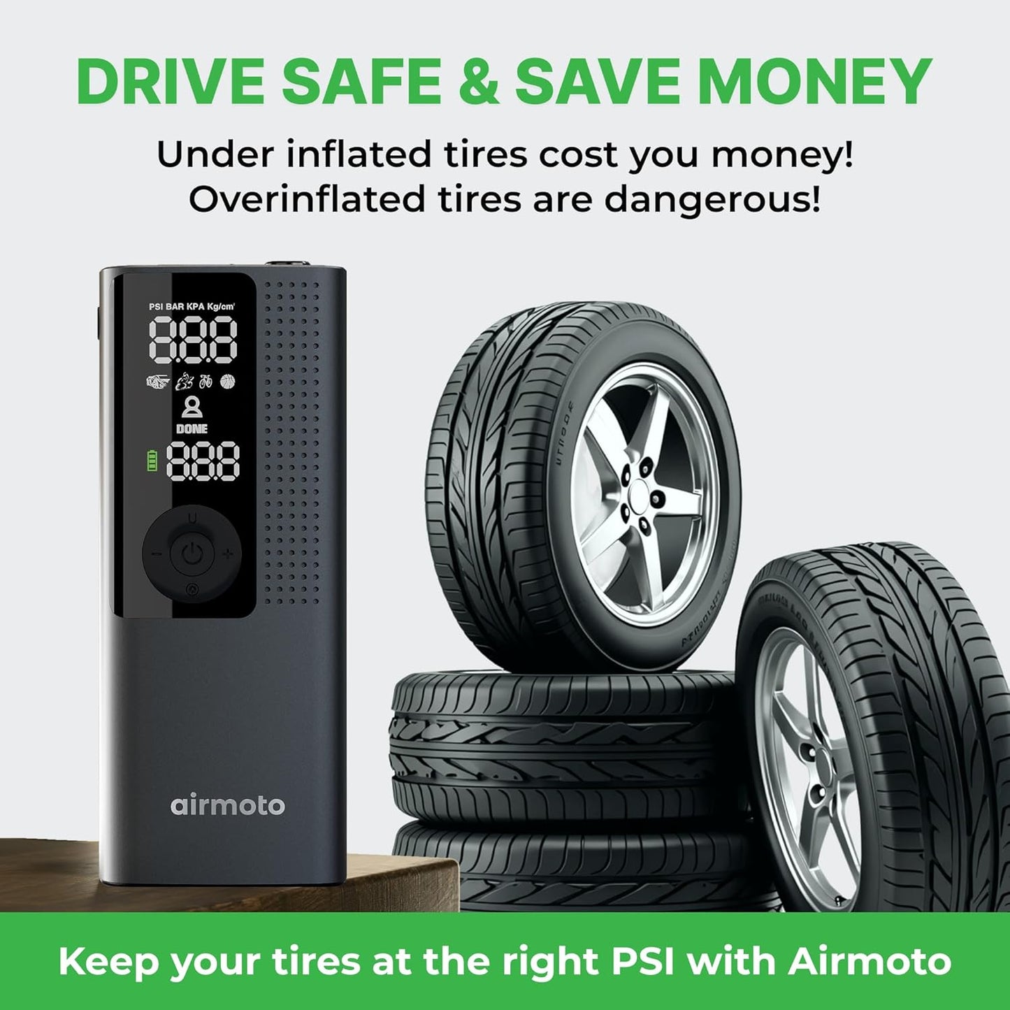 Airmoto Tire Inflator Portable Air Compressor - Air Pump For Car Tires with Digital Pressure Gauge, LED Light and Auto Shut-Off Function - Cordless Pump for Car, Motorcycle, Bicycle, Ball