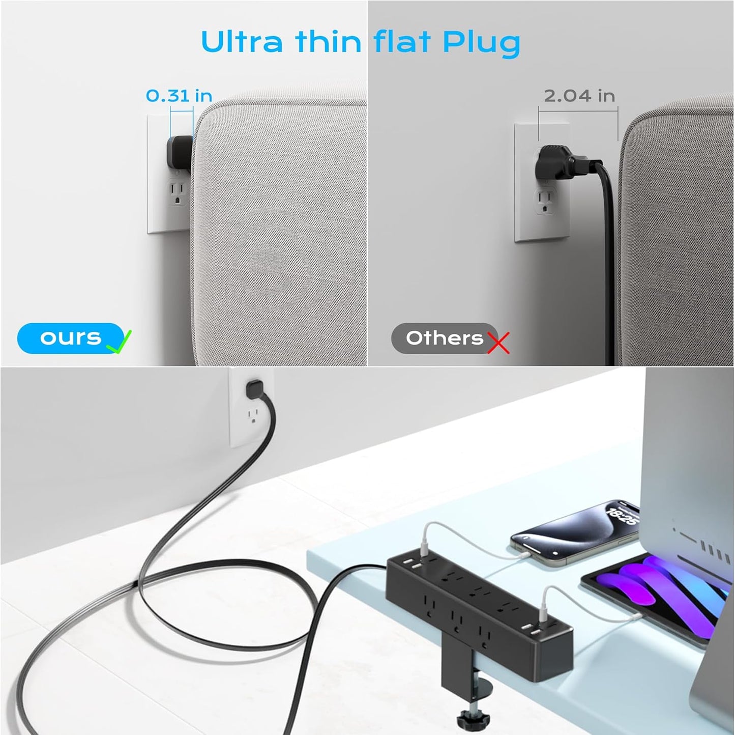 Flat Plug Desk Clamp Power Strip 10FT, 40W Total Fast Charging Station, Dual PD 20W USB C Ports, Desk Edge Mount Power Strip 9 AC Outlets 8 USB Ports(4 USB C), Fit 1.7" Tabletop Edge