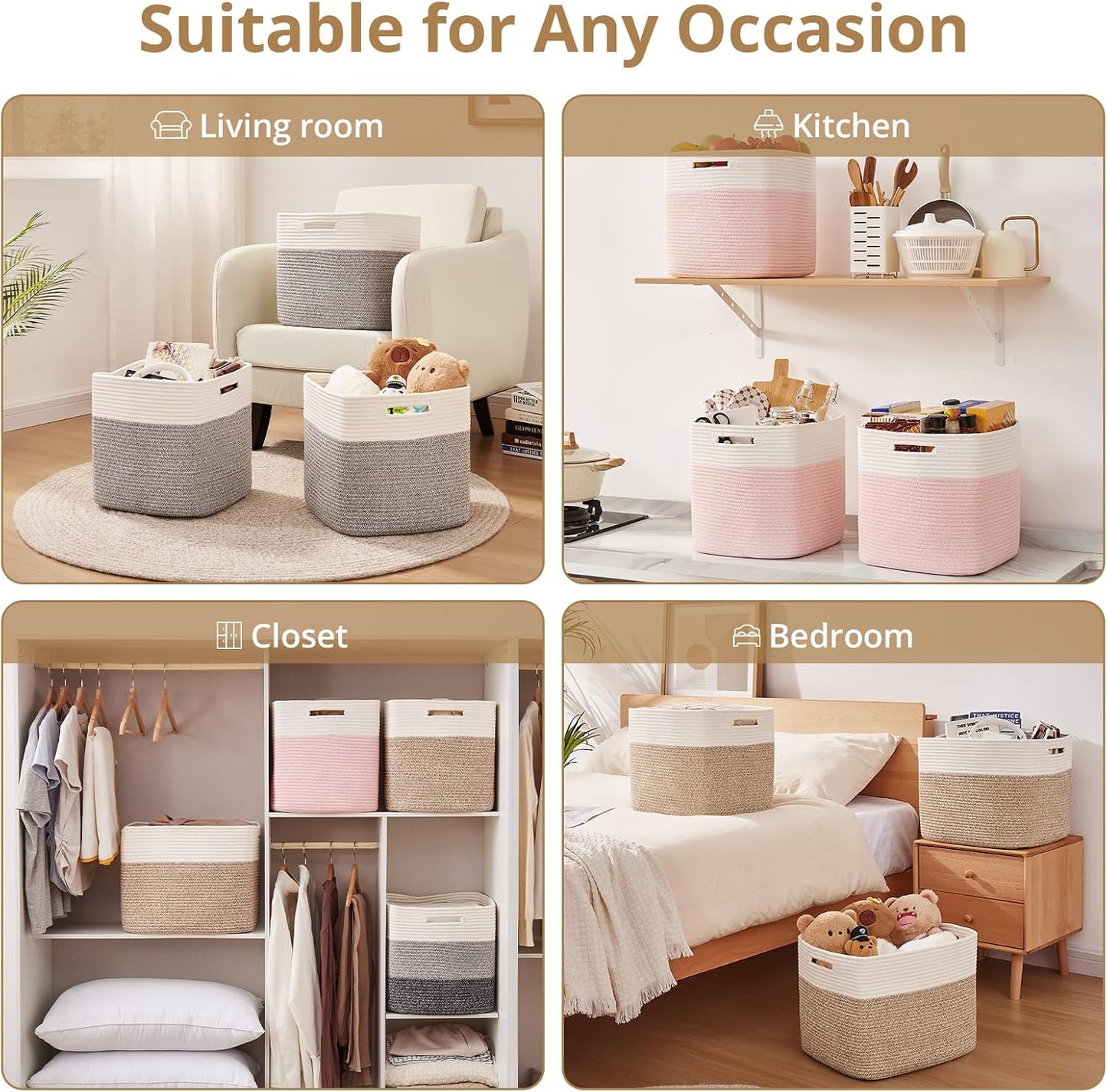 OIAHOMY 13 Inch Cube Storage Bins, 3-Pack Cotton Rope Woven Baskets for Organizing, Insert Storage Baskets for Shelves, Baby Nursery, Closet Organizer, 13 * 13 * 12.6IN, Brown & White