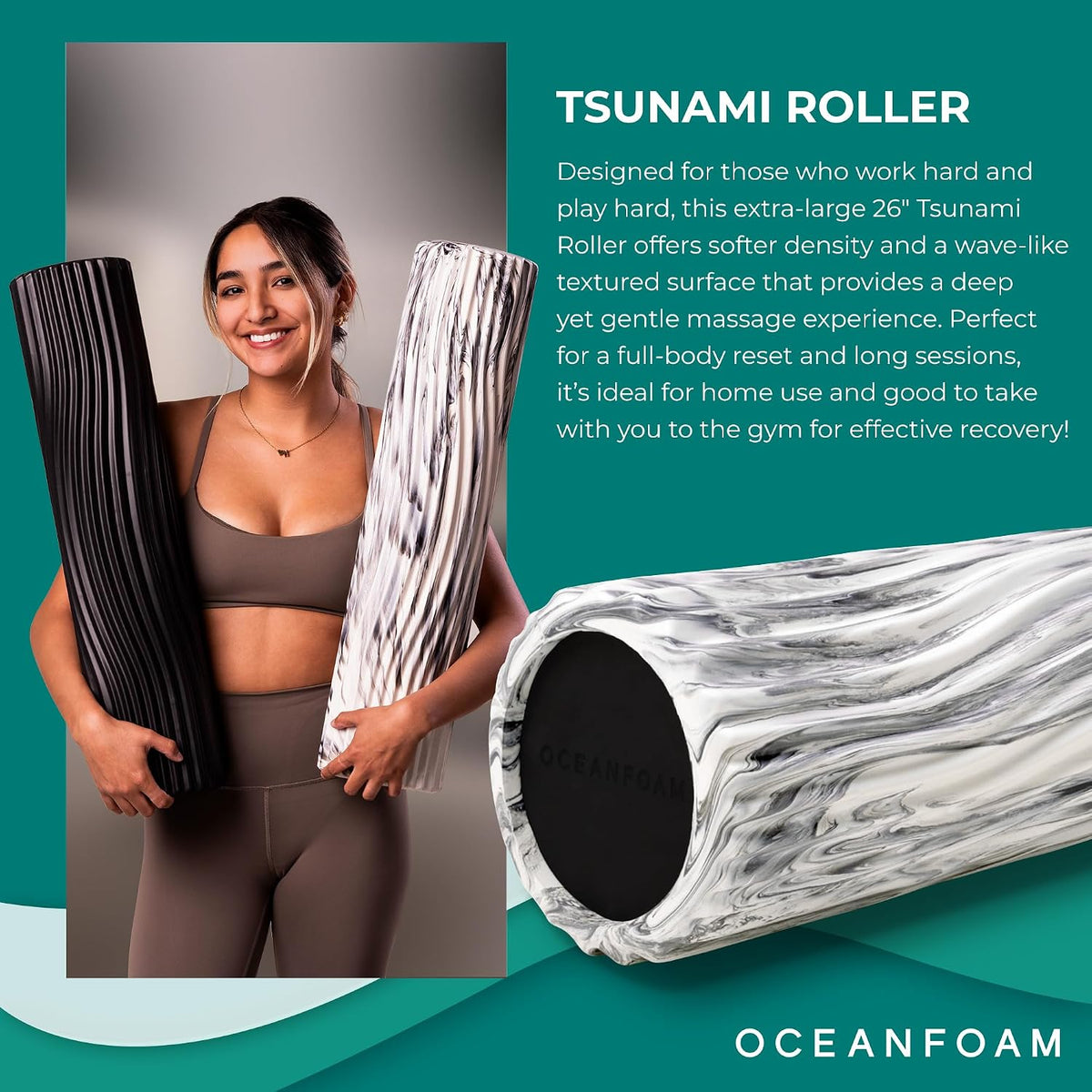 Oceanfoam Tsunami Roller (Black Marbled) - Extra-Large, 26" x 5.9" - Soft, Textured Foam Roller for Physical Therapy, Back Pain, Exercise & Stretching - Wave Textured - Yoga, Athletics, & Wellness