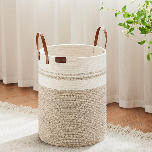 VIPOSCO 30L Small Woven Rope Laundry Hamper, Leather Handles, Brown & White