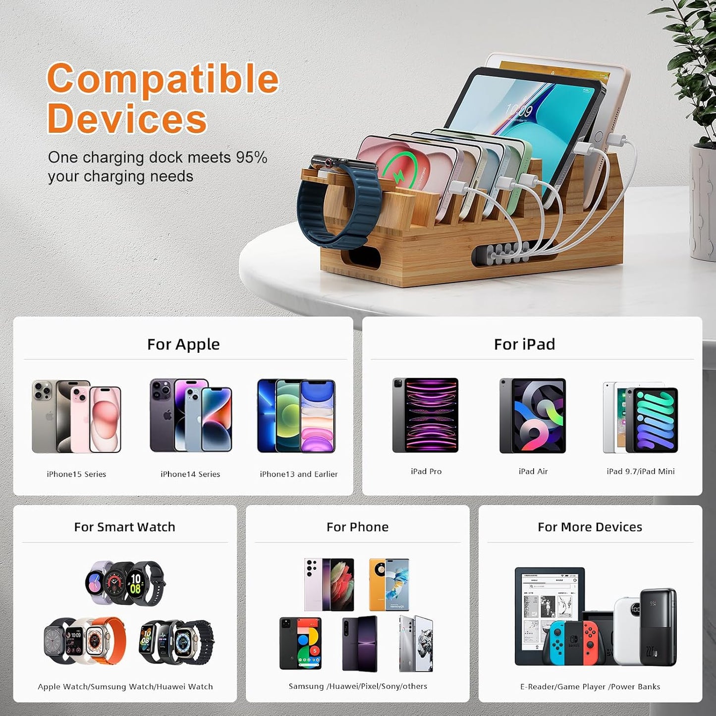 Pezin & Hulin Bamboo Charging Station with 5-Port USB Charger & 5 Cables | 7-Slot Wood Organizer, Magnetic Snap Assembly, Thick Base, Non-Slip Pads, Hidden Cord Box. Ideal for Home Office & Bedside