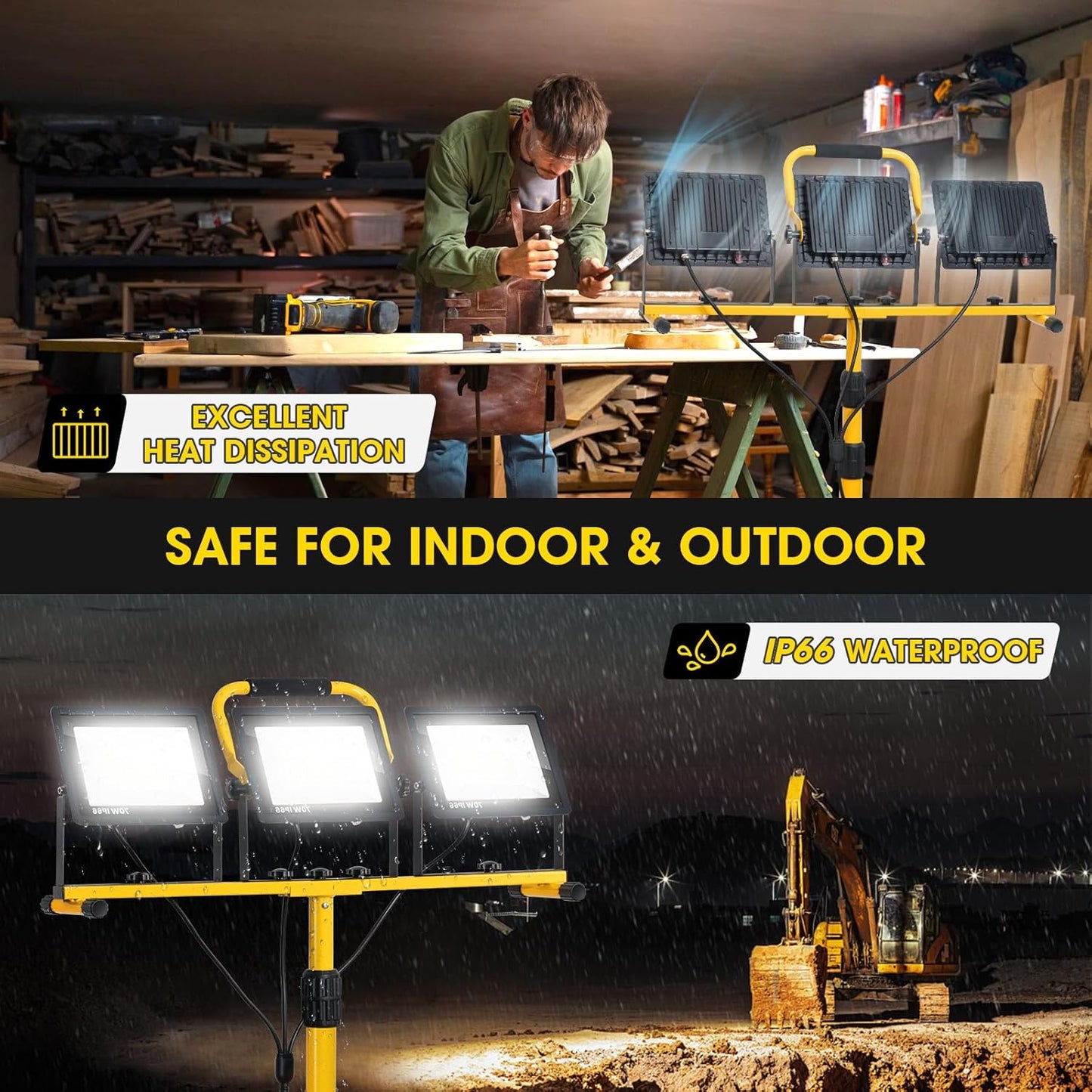 Zetunlo 21000Lumen LED Work Lights with Stand - 3 Head Portable Work Light with 16FT Cord - IP66 Waterproof Tripod Worklights for Outdoor Indoor Job Site Workshop Garage Construction Site Lighting