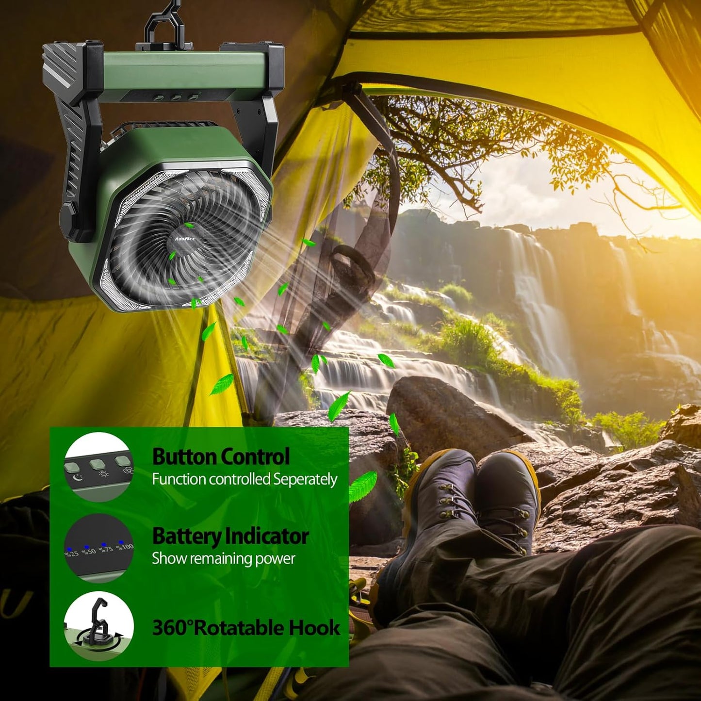 20000mAh Battery Powered Camping Fan, 58Hrs Rechargeable Portable Fan, 400LM Light, 360° Hook, Whisper Quiet Battery Operated Fan for Outdoor Car Travel Gear Essentials Power Outages Co-brand AMACOOL
