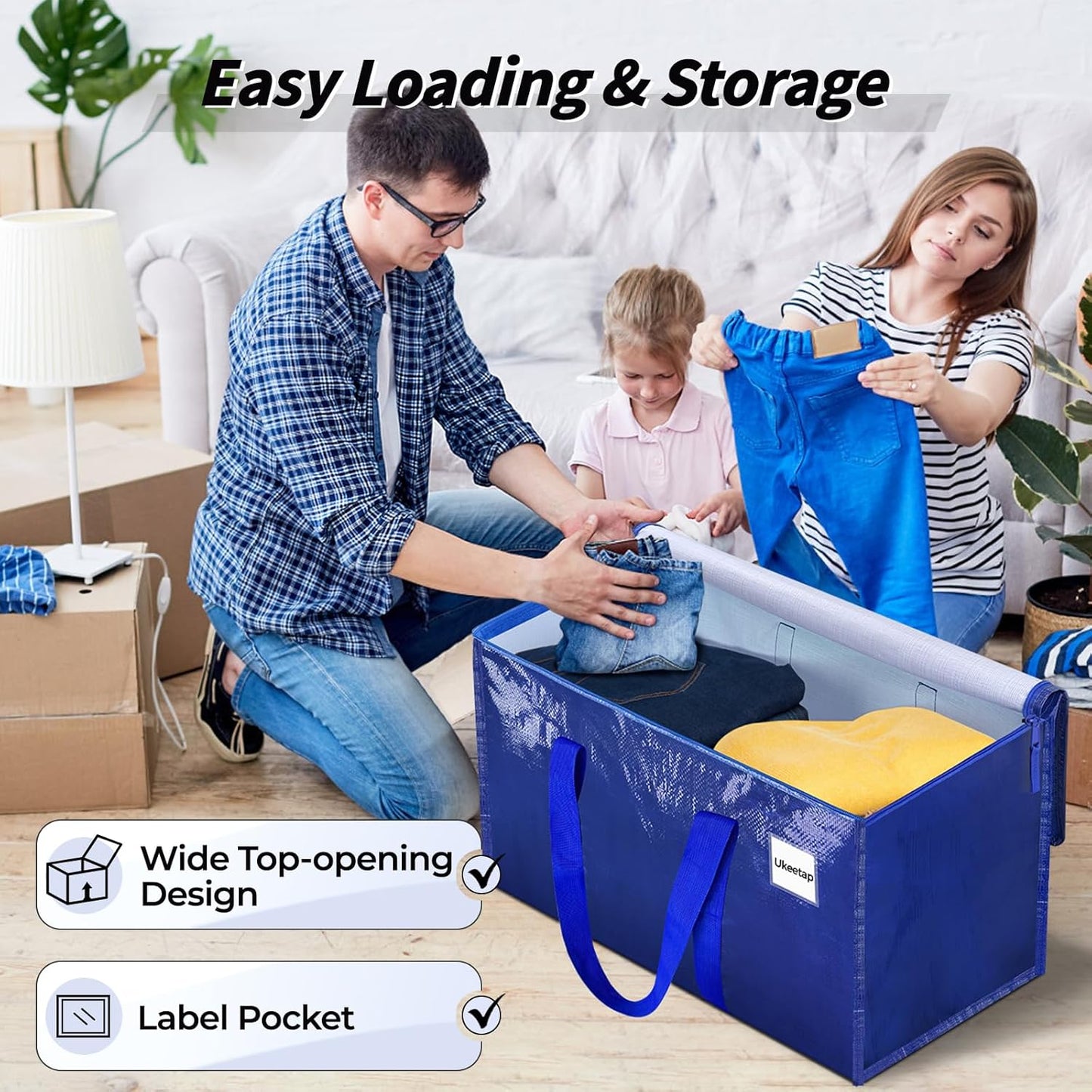 8 Pack Extra Large Heavy Duty Moving Bags, Blue Storage Bins with Lids, Reinforced Handles & Heavy-Duty Zippers Moving Boxes Storage Bags Totes for Clothes Packing, Dorms, College Supplies, Blue