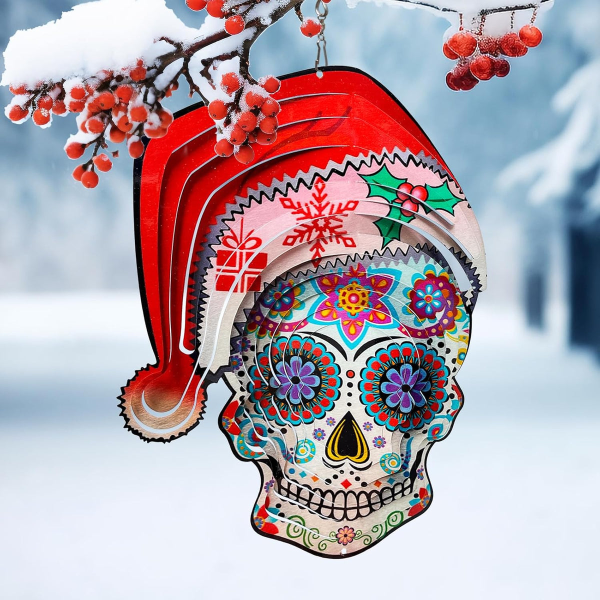 FONMY Santa Sugar Skull Wind Spinner Kinetic 3D Metal Garden Wind Sculpture Unique Gifts Christmas Decorations Quality Hanging Ornament for Home and Garden Indoor/Outdoor 12inch Mandala Wind Spinners