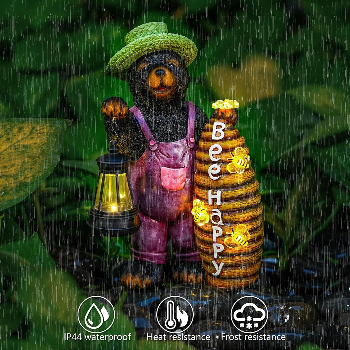 Joint Honglin Honey Bear Garden Statue with Lighted Beehive & Lantern