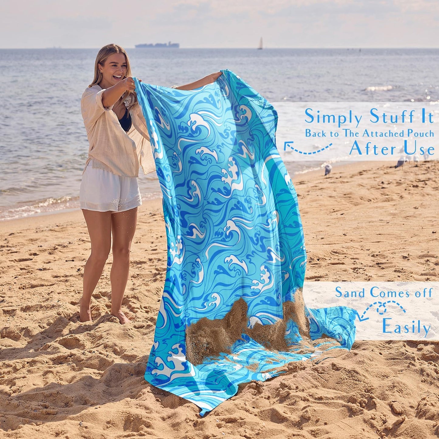 WEKAPO Beach Blanket Waterproof Sandproof Oversized Extra Large Sand Free Beach Mat with Stakes, Storage Bag - Essentials for Outdoor Beach, Picnic (Blue Ocean Waves, 8 X 7 FT (1~4 Person))