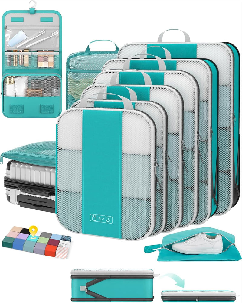 10 Set Compression Packing Cubes for Travel Essentials,Compressible Expandable Packing Cubes for Suitcase,OlarHike Luggage Garment Bags for Travel,Handy Helper for Organizing Clothes(Blue Green)