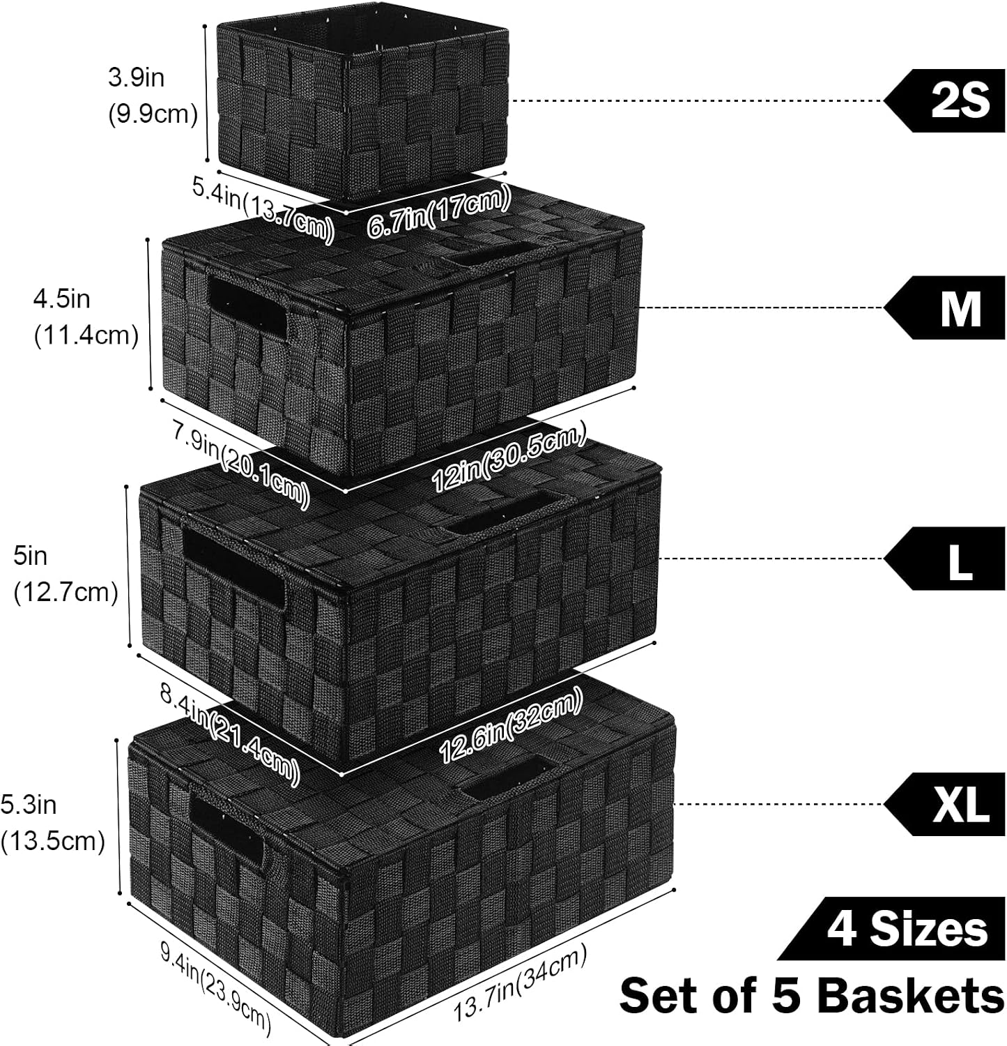 Storage Baskets with Lids: 5 Pack Stackable Woven Storage Bins, Black