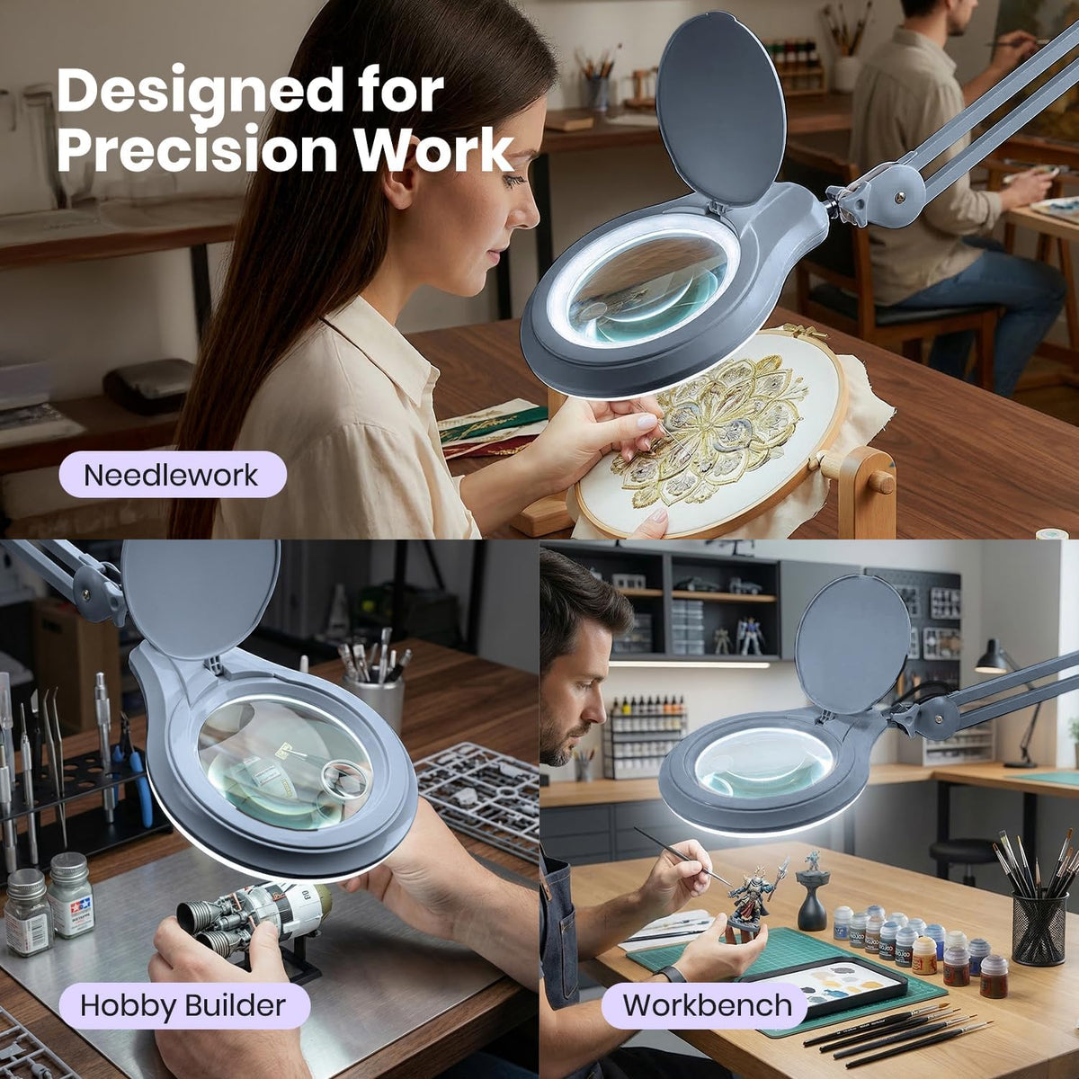 Neatfi LED Bifocal Magnifying Lamp 1,200 Lumens – 5” Glass Lens, Dual Magnification 2.25X/6X, Dimmable | Adjustable Arm with Clamp | Crafting, Jewelry & Reading (5 Diopter + 20 Diopter, Gray)