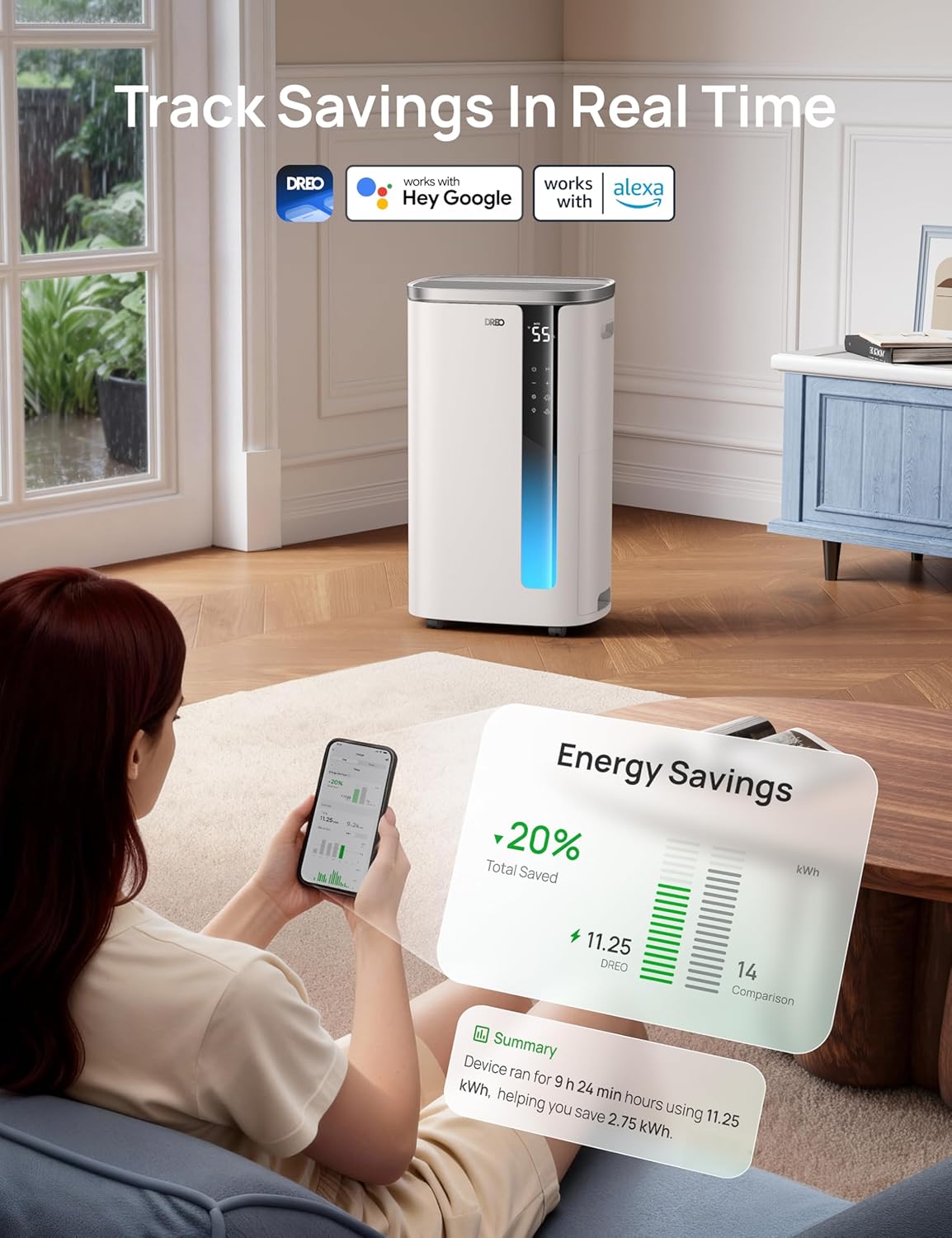 DREO 73 Pint Smart Dehumidifier for Basement, Home & Large Room up to 2000 Sq Ft, Energy Star 6.0 Dehumidifier with Drain Hose, Quiet 42dB, Auto Humidity Control, 3 Fan Speeds, Timer, Continuous Drain