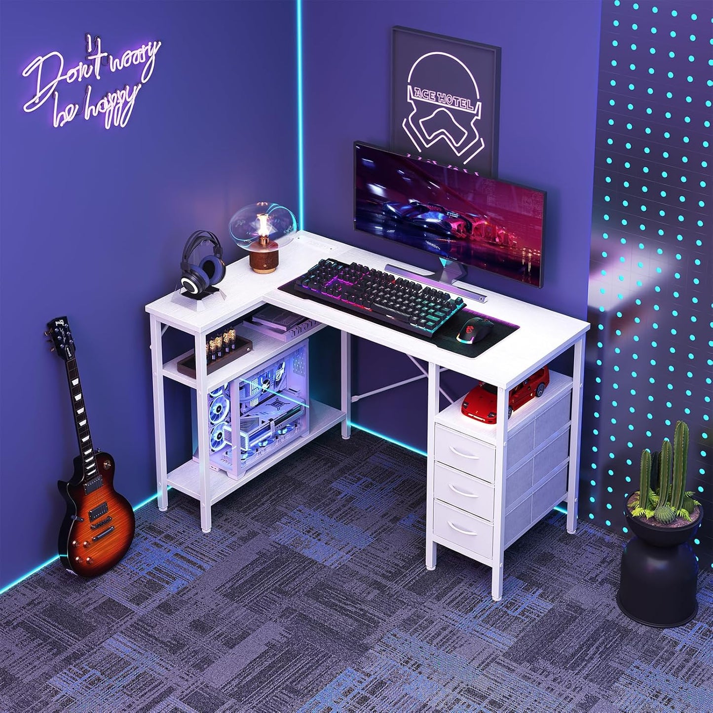 DUMOS L Shaped Desk with Shelf Drawers 47 Inch, White Corner Computer Desks Gaming with Power Outlet, Study Table with Adjustable Shelves, Home Office Tables for Bedroom Teacher Reading Writing