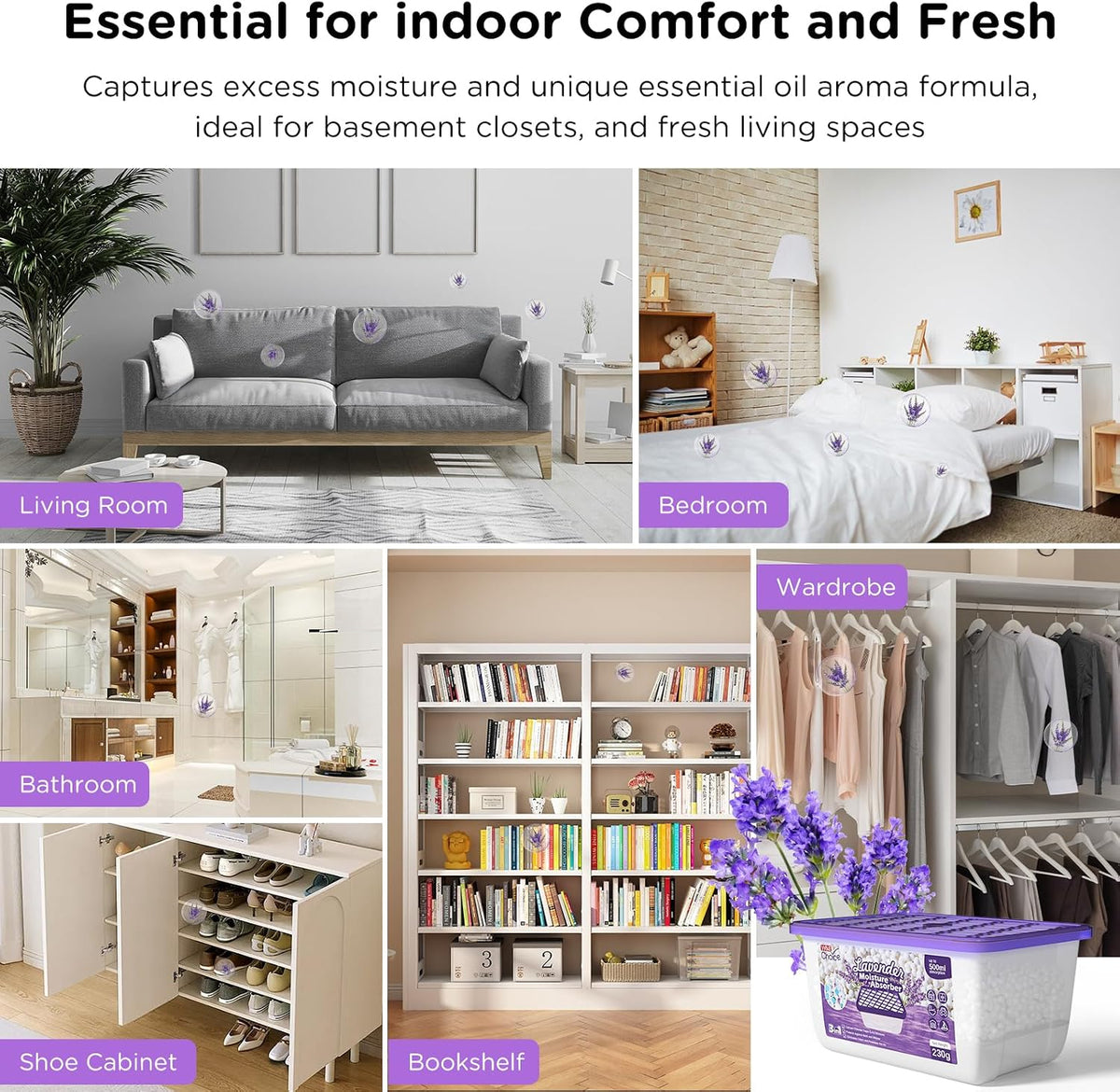 W&E Choice Moisture Absorbers with Lavender Scent, Portable Dehumidifier for Closet & Bathrooms, Kitchen, Humidity Absorber Odor Eliminator Absorber, 12Pack