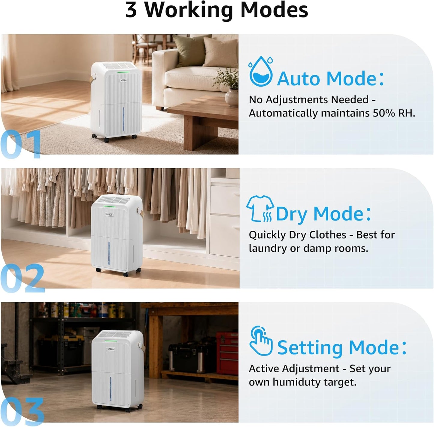 KNKA 2500 Sq.Ft Dehumidifier for Basement with Drain Hose Max 34 Pints, Dehumidifiers for Home, Bedroom, Bathroom, Large Room, Three Modes, Intelligent Humidity Control, Dry Clothes, 24HR Timer