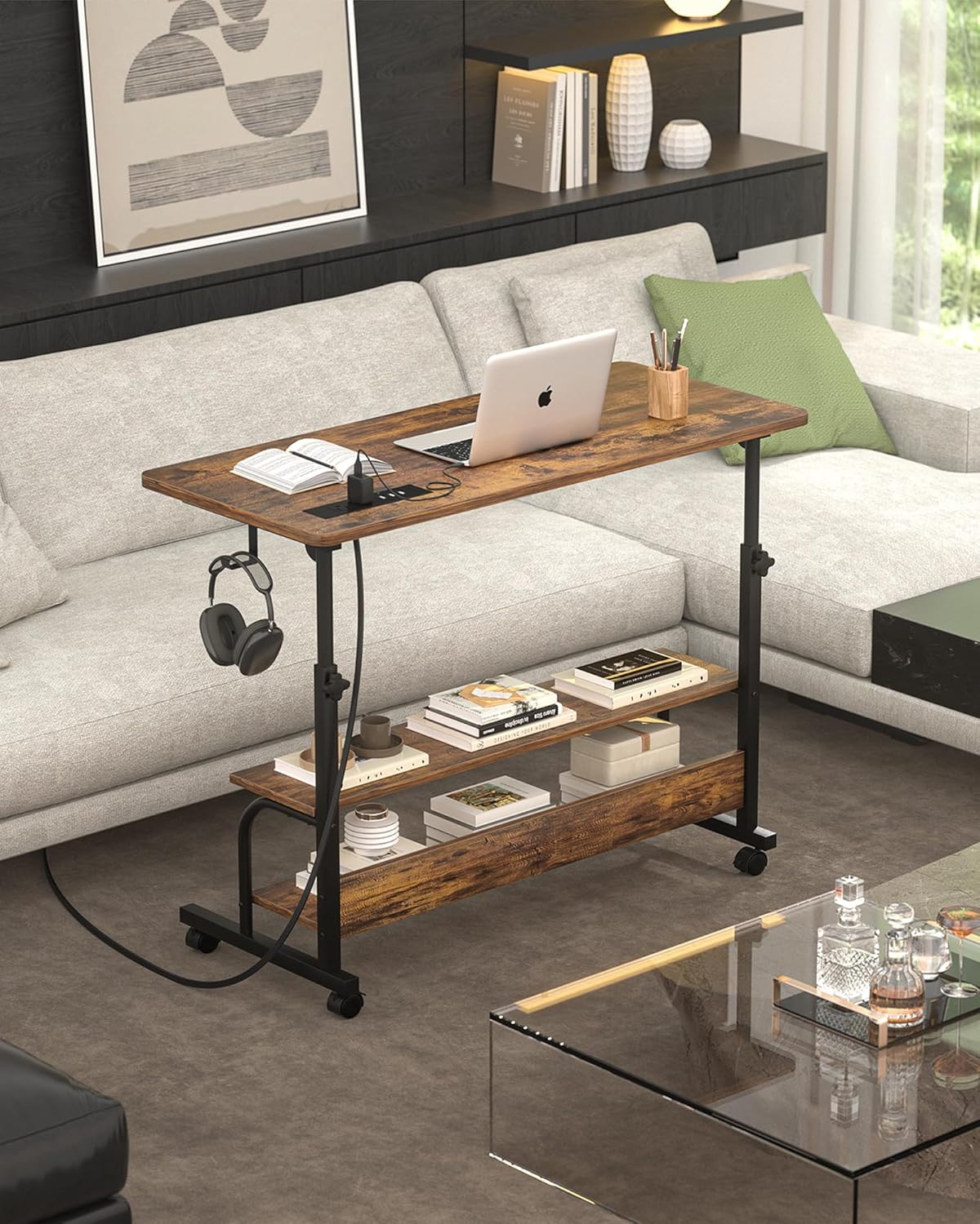 Armocity Rolling Standing Desk with Charging Station, Portable Height Adjustable Mobile Computer Desk with Wheels & 2-Tier Shelves & Hooks, Easy Assembly Laptop Table for Couch Bed, 32" Rustic Brown