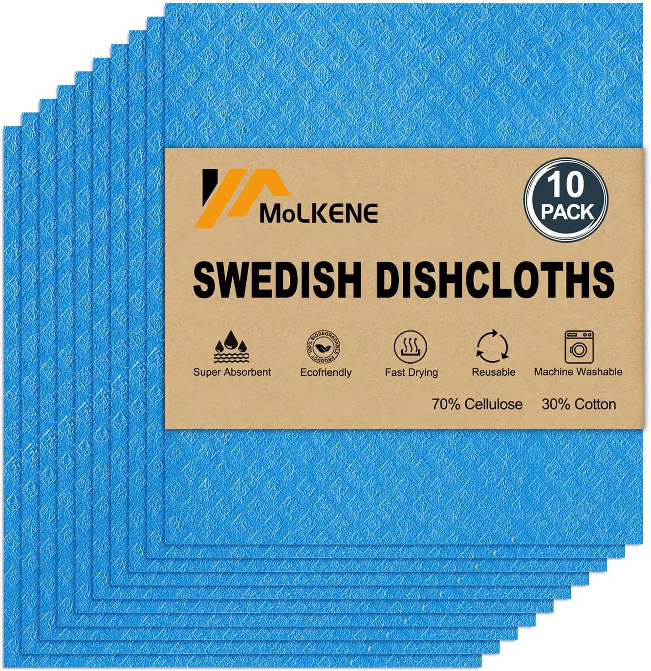 MoLKENE Swedish Dishcloths - 10 Pack Reusable Kitchen Dishcloths - Ultra Absorbent Dish Towels for Washing Dishes - Cellulose Sponge Cloth Cleaning Cloths - Blue