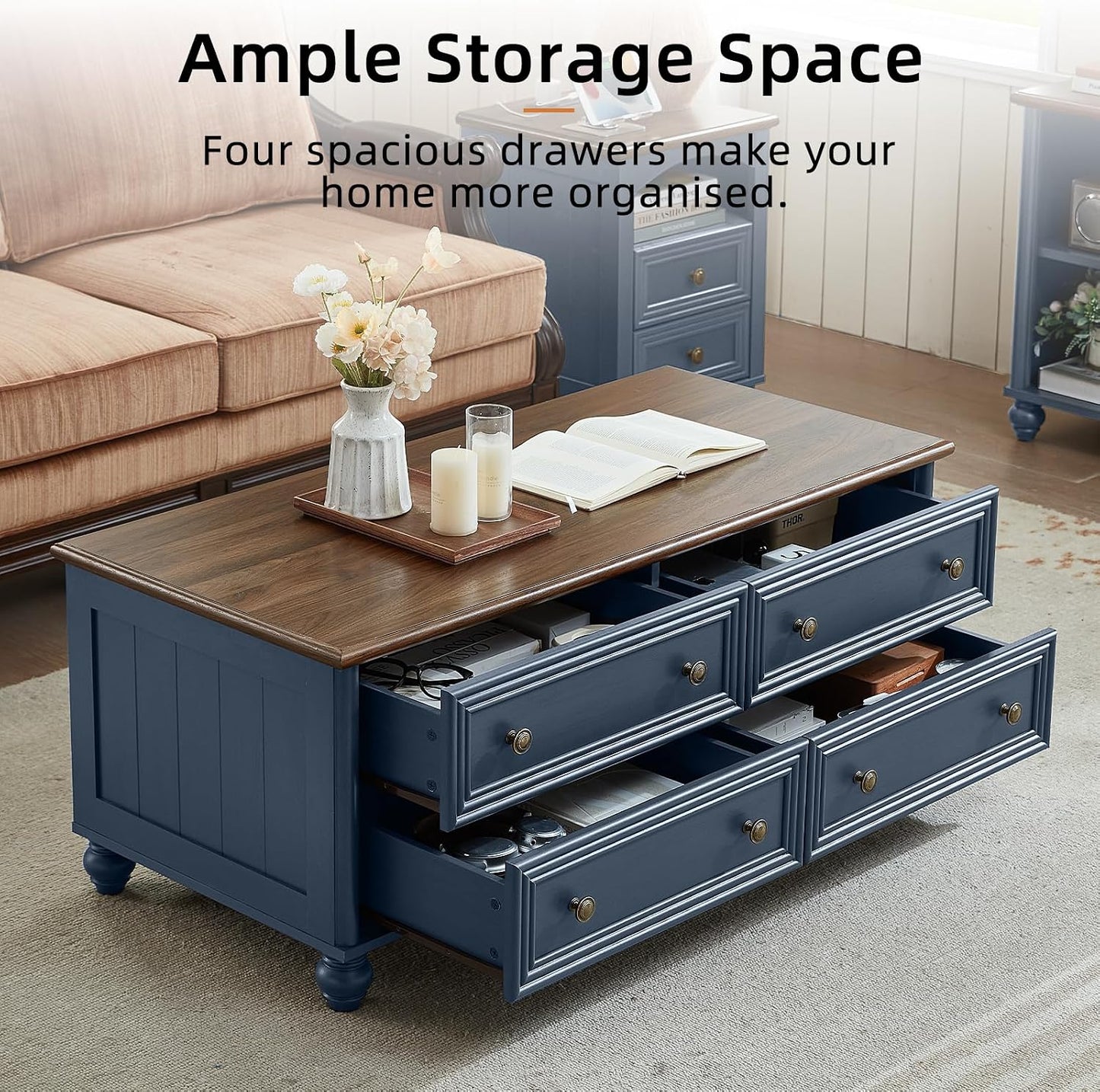 RWYHG 48" Farmhouse Blue Coffee Table, Center Table with 4 Drawers | High Capacity Hidden Storage, Smooth Roman Column Handles & Drawers, Solid Wood Sturdy Curved Legs, for Living Room,Office