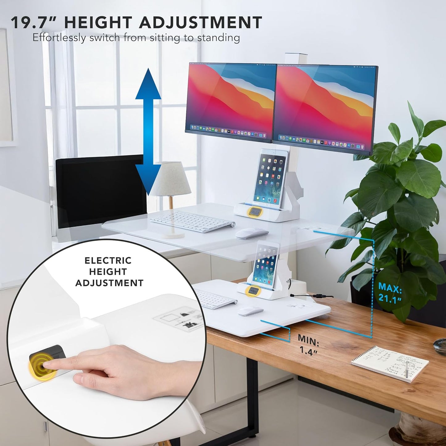 Mount-It! Electric Standing Desk Converter, Motorized Sit Stand Desk Riser with Dual Monitor Mounts, Adjustable Height Ergonomic Workstation with 28” Wide Platform and Tablet/Phone Slot, White