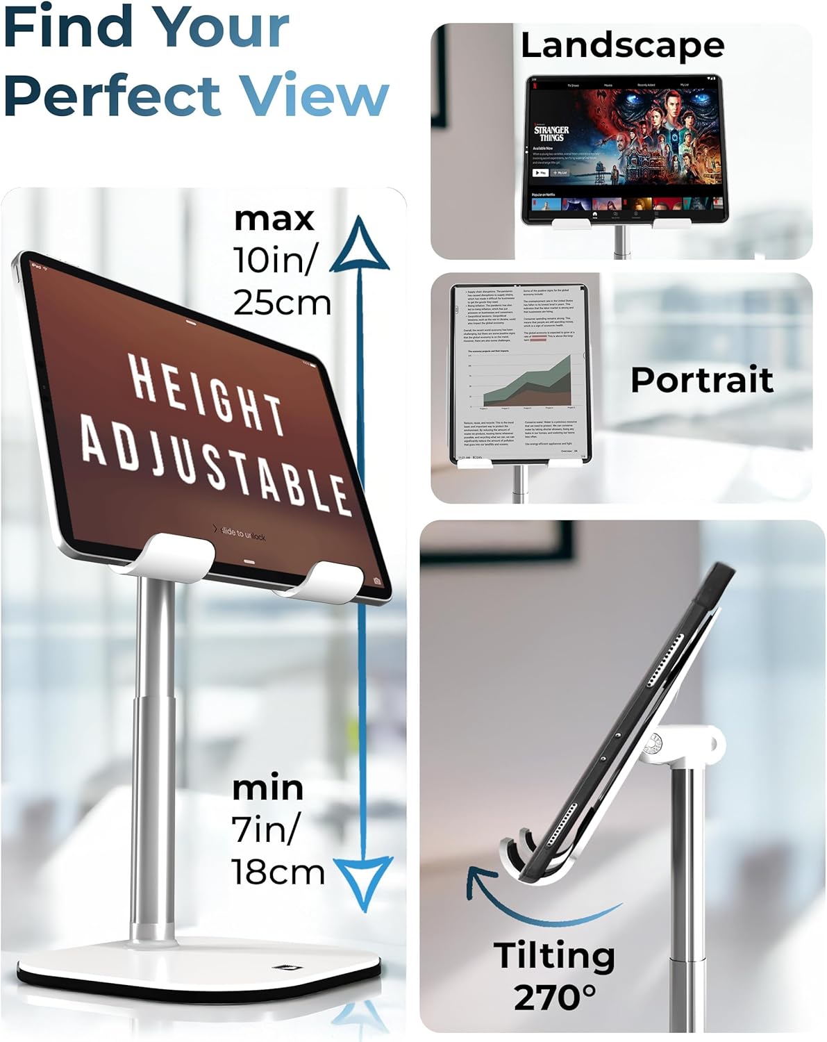 COOPER TabHolder, 7-10" Height Adjustable Tablet Stand, Premium iPad Stand for Desk, 270° Tilt iPad Holder for Desk, Tablet Holder, 15.6-17" Portable Monitor Support (Black)