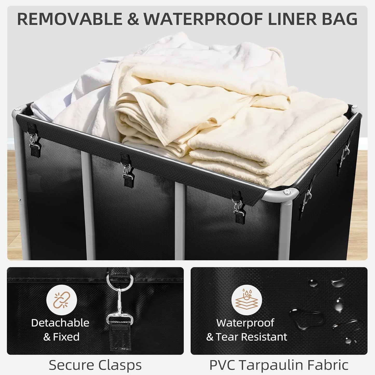 STORAGE MANIAC Commercial Laundry Cart with Wheels 420L Sturdy Steel Frame Heavy Duty Rolling Laundry Hamper on Wheels Big Laundry Basket with Removable Waterproof Liner Bag, 400 lbs Load, Black