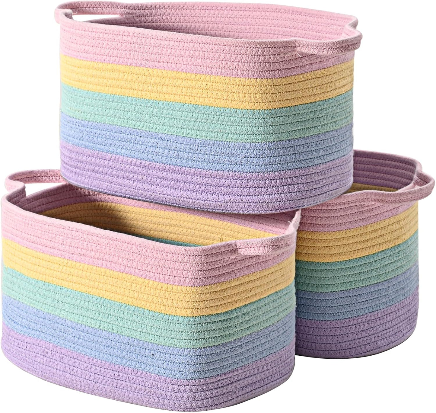 DUHEL Cotton Rope Woven Storage Basket (Rainbow-3Pcs) | Used for Baby Hamper Toy Organizer, Gift Baskets Empty,Kids,Baby,nursery. Size 15x10x8.7 Inches