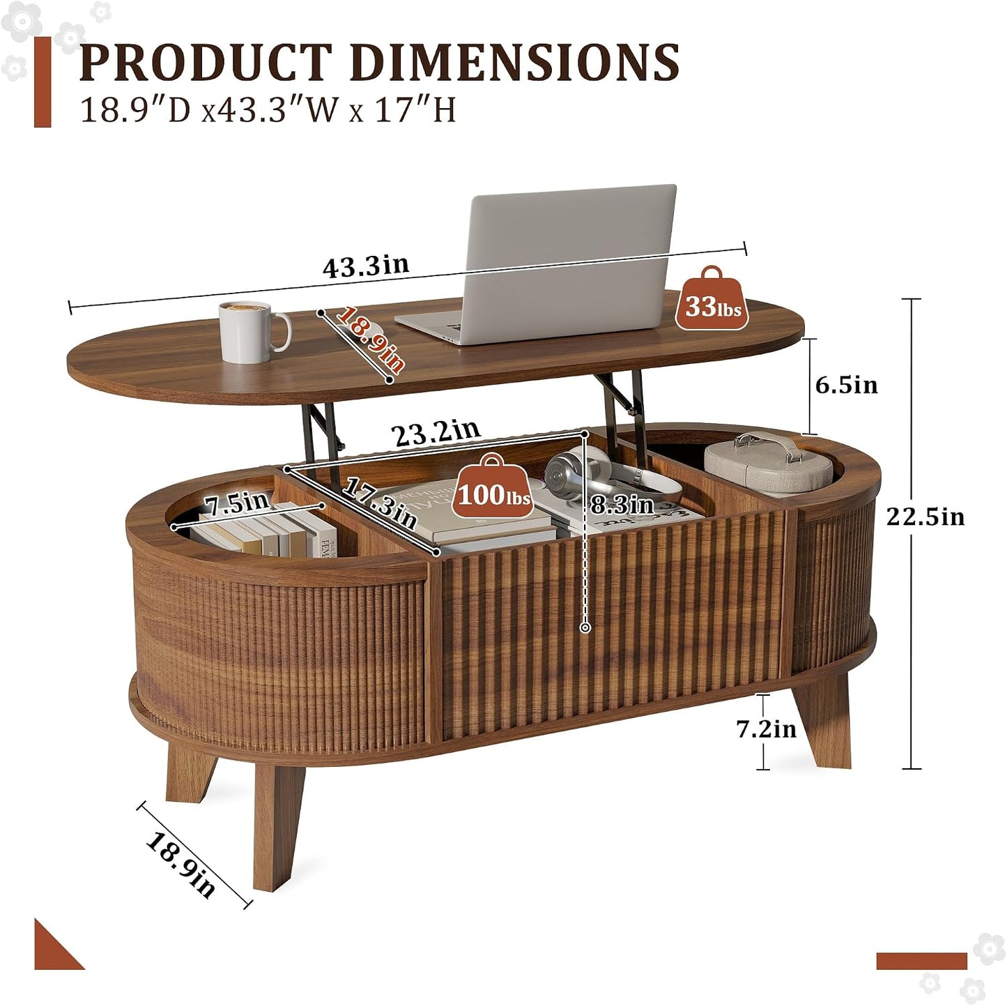 LYNCOHOME 43.3'' Fluted Lift Top Coffee Table with Storage,Modern Oval Coffee Table for Living Room or Home Office（Walnut）