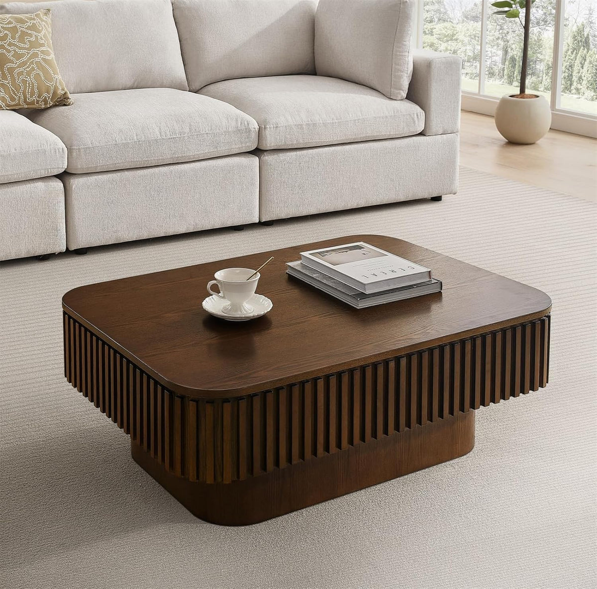 Lift Top Coffee Table for Living Room,Rectangle Handmade Solid Wood Strips, Fluted Coffee Table with Hidden Storage Compartment Small Space Office Apartment (38.6" L×26.8''W×13.8''H-Walnut)