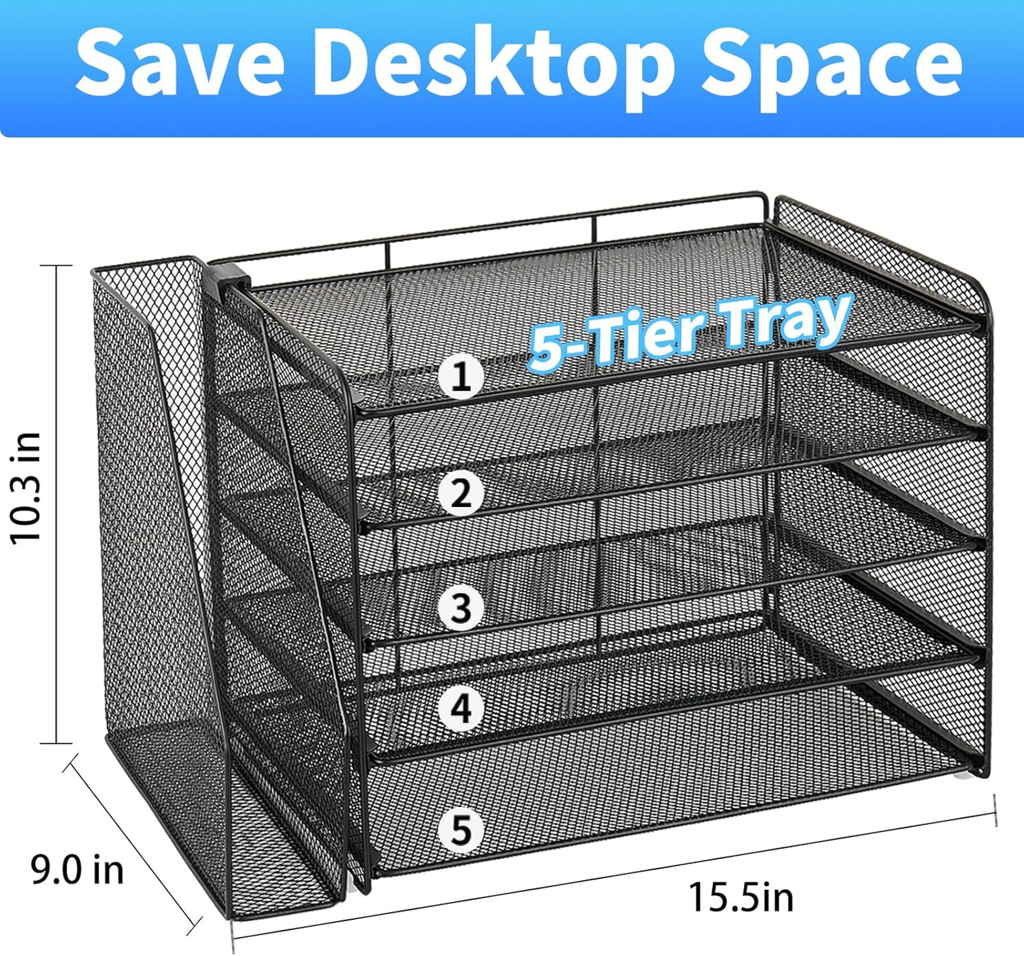 OPNICE Desk Organizers and Accessories, 5-Tier Paper Organizer Letter Tray with Magazine Holder, Office Desk Accessories & Workspace Organizers, Desktop File Organizer for Office Supplies, Black