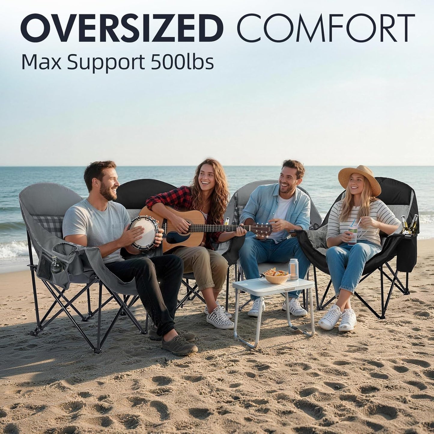 Oversized Camping Chair for Adults - Heavy Duty Outdoor Padded Large Lawn Camp Chair with Cup Holder Cooler Pockets for Sports Beach Fishing Garden Portable Supports 500lbs, Grey 2 Pack