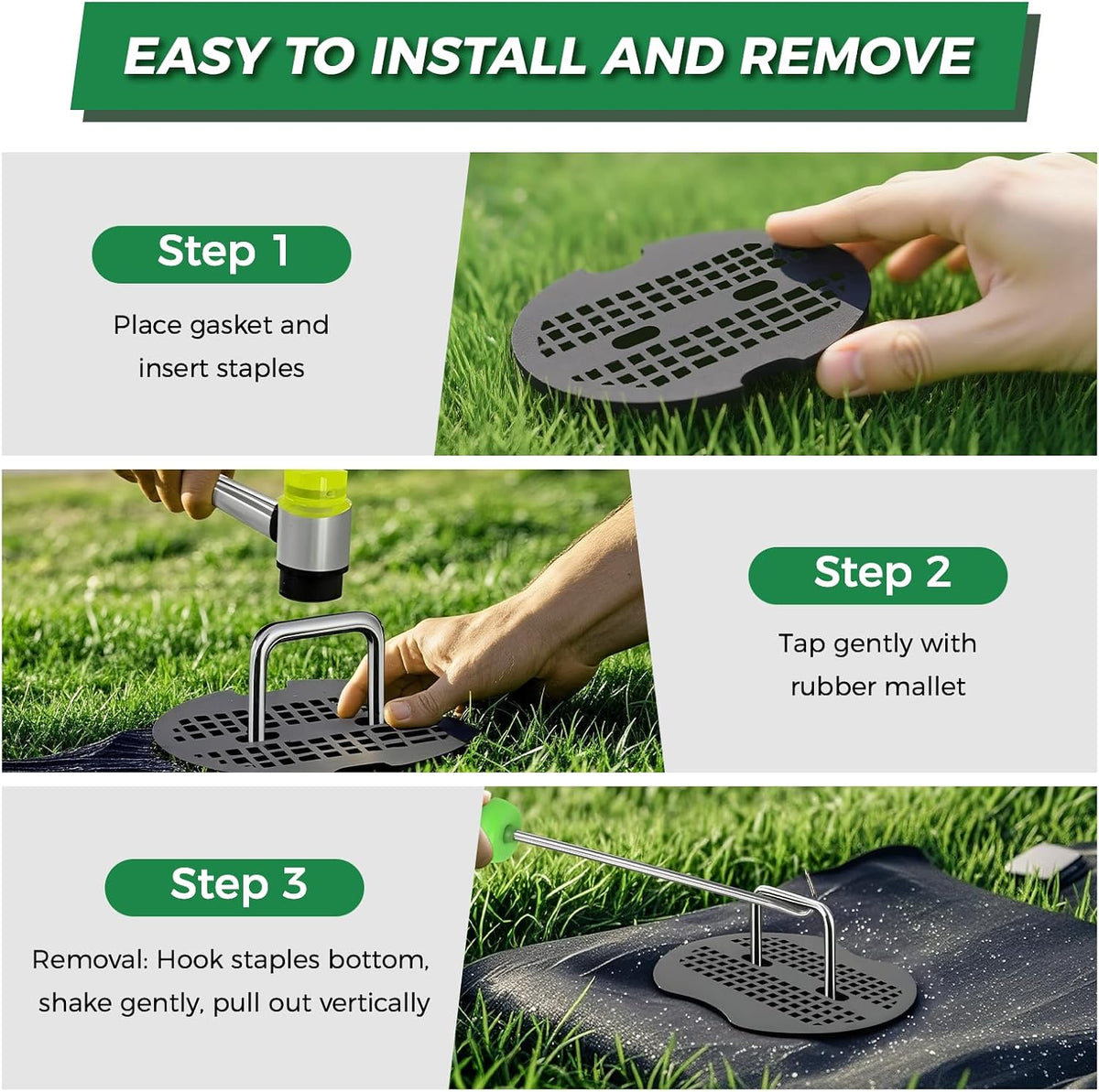 200Pcs Garden Staples +200Pcs Gasket +Pick Hook +Rubber Mallet, 6 Inch Landscape Fabric Stakes Galvanized Weed Barrier Stakes 11 Gauge Landscape Pins U Shape Lawn Staples for Yard, Turf, Sod, Weed Mat