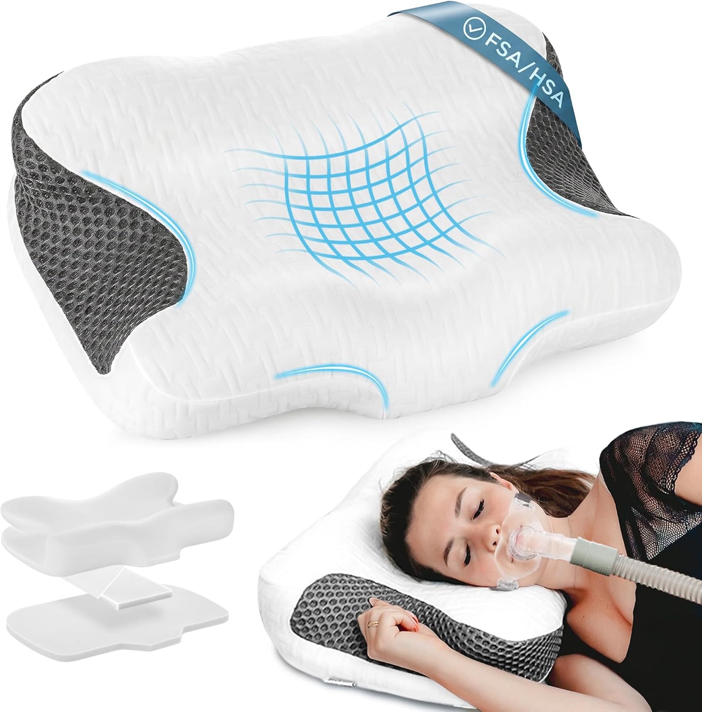Elviros CPAP Pillow for Sleeping, HSA/FSA Ergonomic Adjustable Height Neck Support Memory Foam Bed Pillow for CPAP Users with Sleep Apnea, Suitable for Side and Back Sleepers